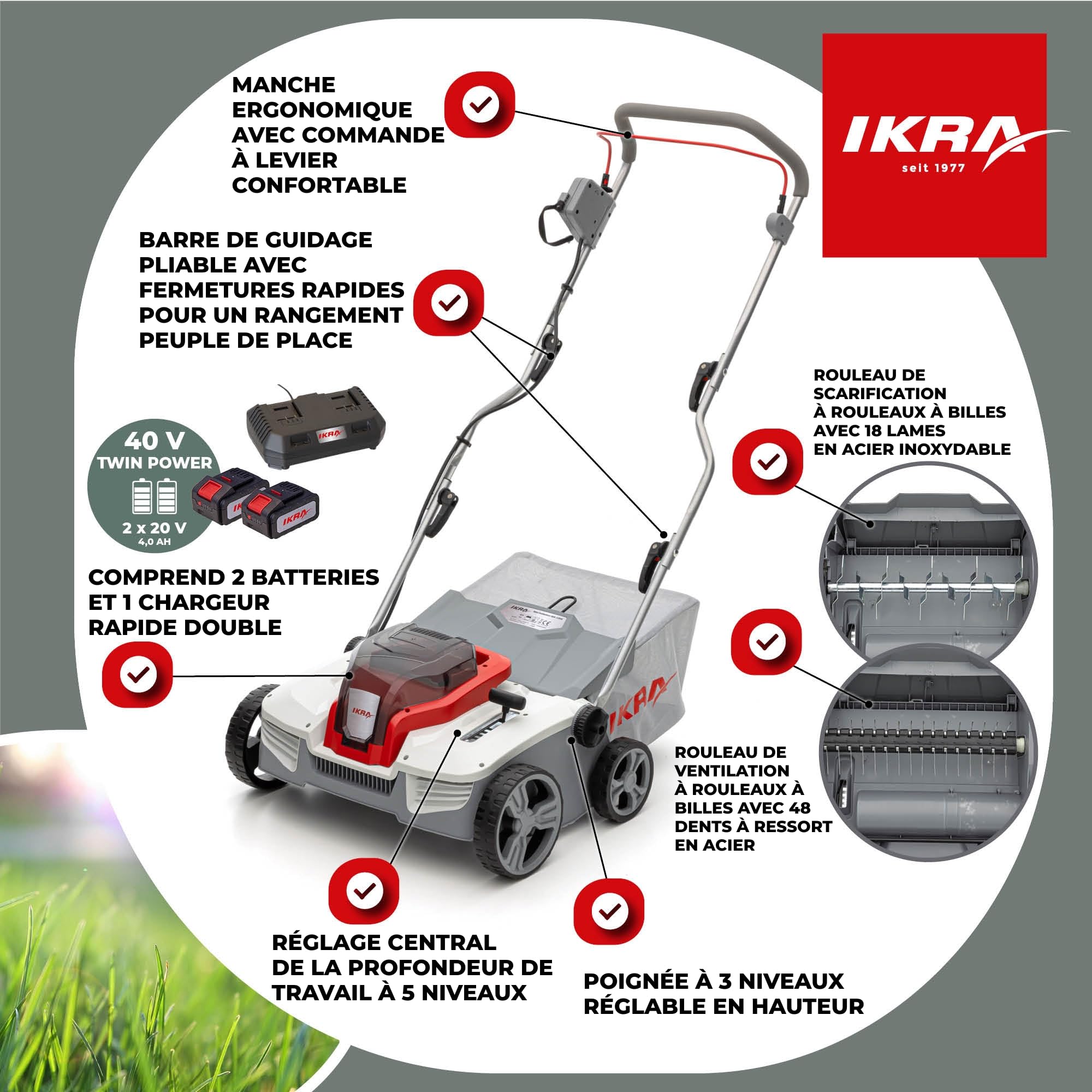 IKRA scarificateur et aérateur de gazon sans fil 3 en 1 IAVL 2-2040, 40 cm
