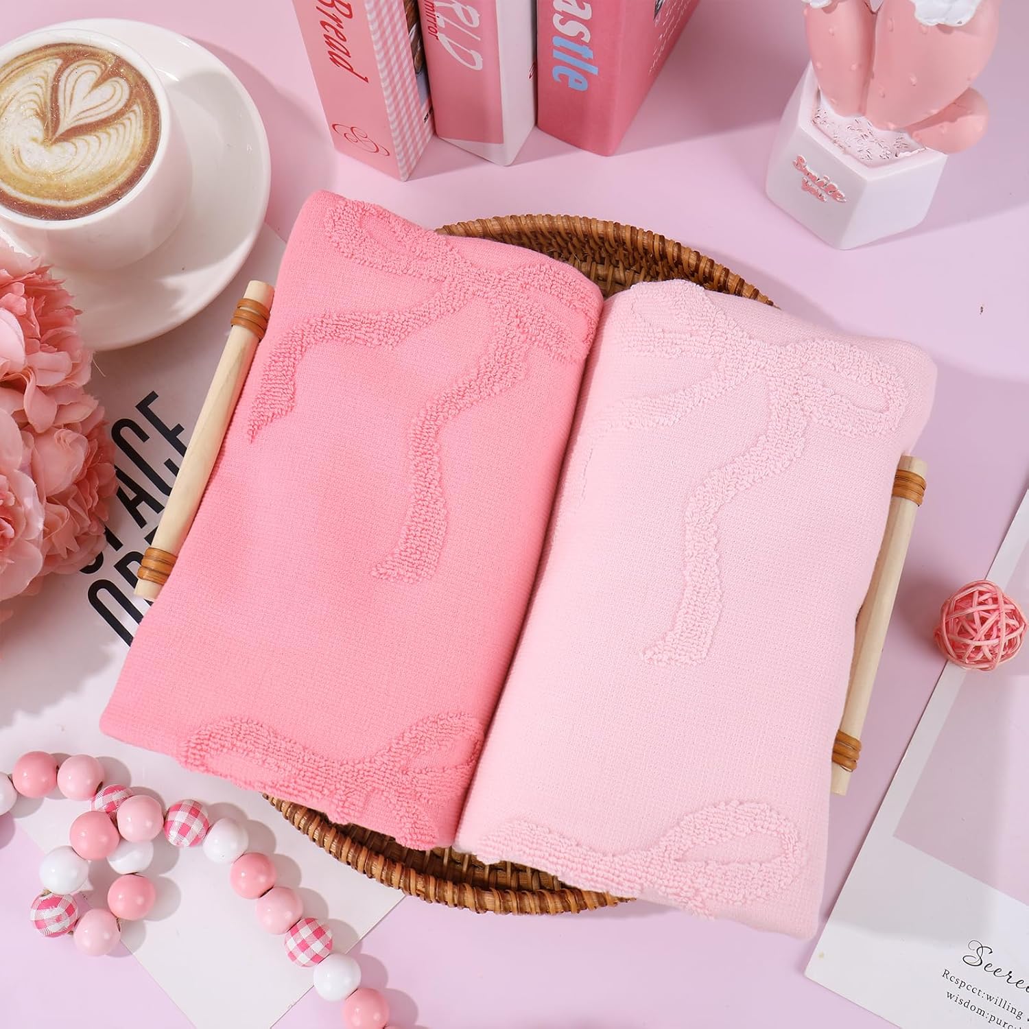 Whaline 3Pcs Valentine's Day Pink Bow Hand Towel 3D Jacquard Cotton Towel Absorbent Coquette Dish Towels for Home Kitchen Bathroom, 13.8 x 29.5 Inch