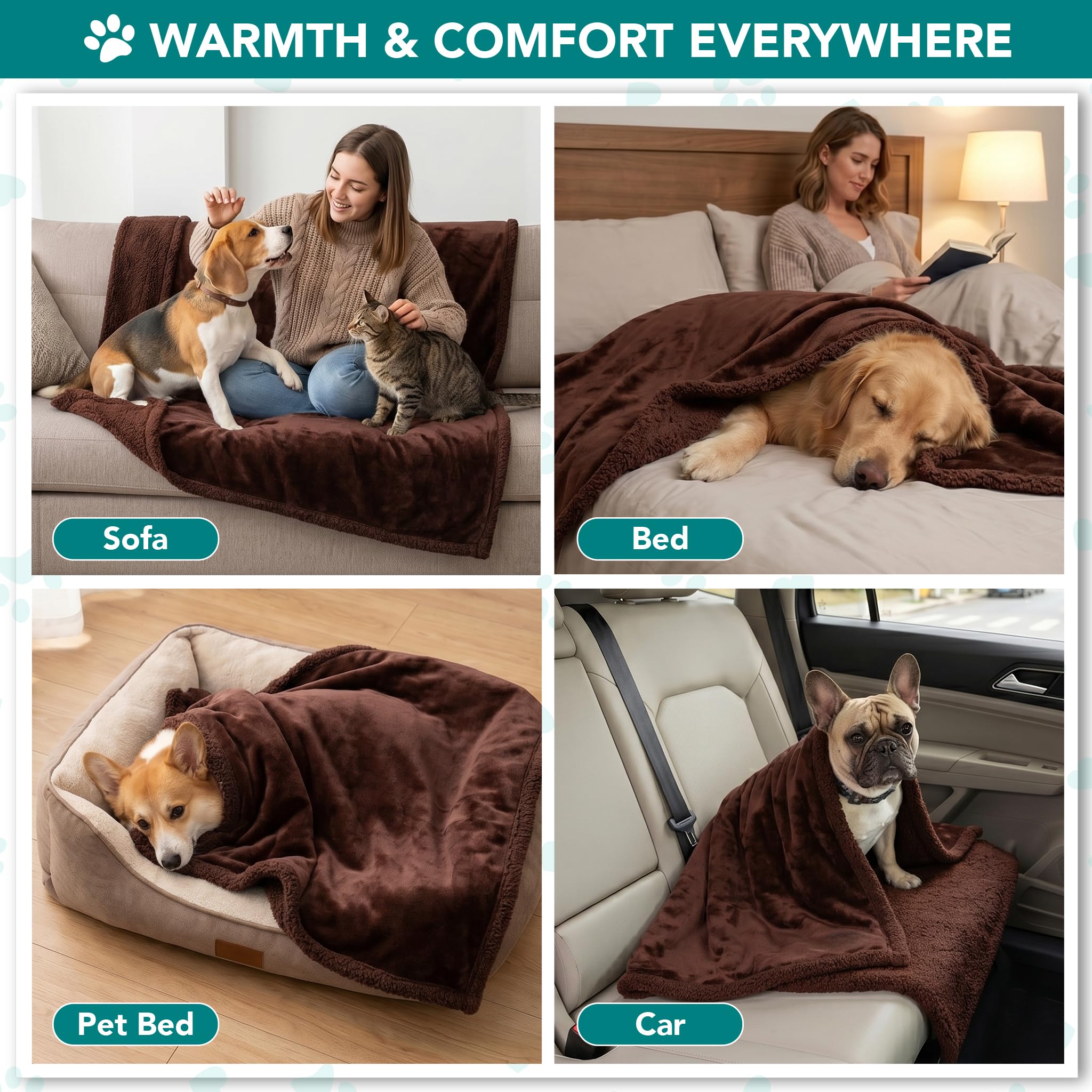 PetAmi Manta para Perro, Manta Sherpa para Perro, Manta de Felpa, Reversible, cálida para Mascotas, para Cama de Perro, sofá, Coche (Sherpa marrón/marrón, 60 x 80 Pulgadas)