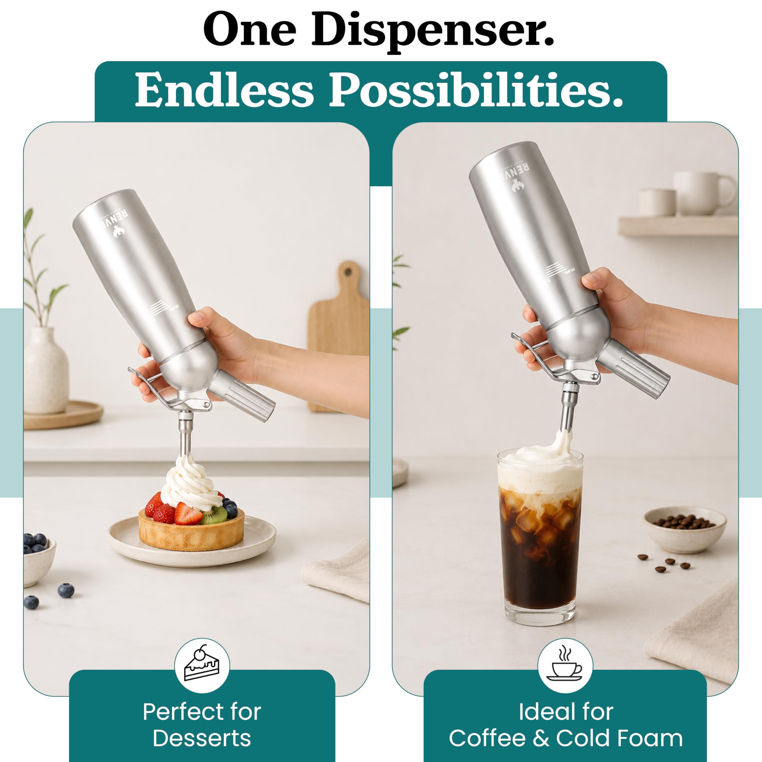 Dispensador profesional de crema batida – Bote de aluminio de 500 ml con 2 juegos de puntas de acero inoxidable y plástico, cepillo de limpieza y bolsa de almacenamiento de malla, a prueba de fugas y