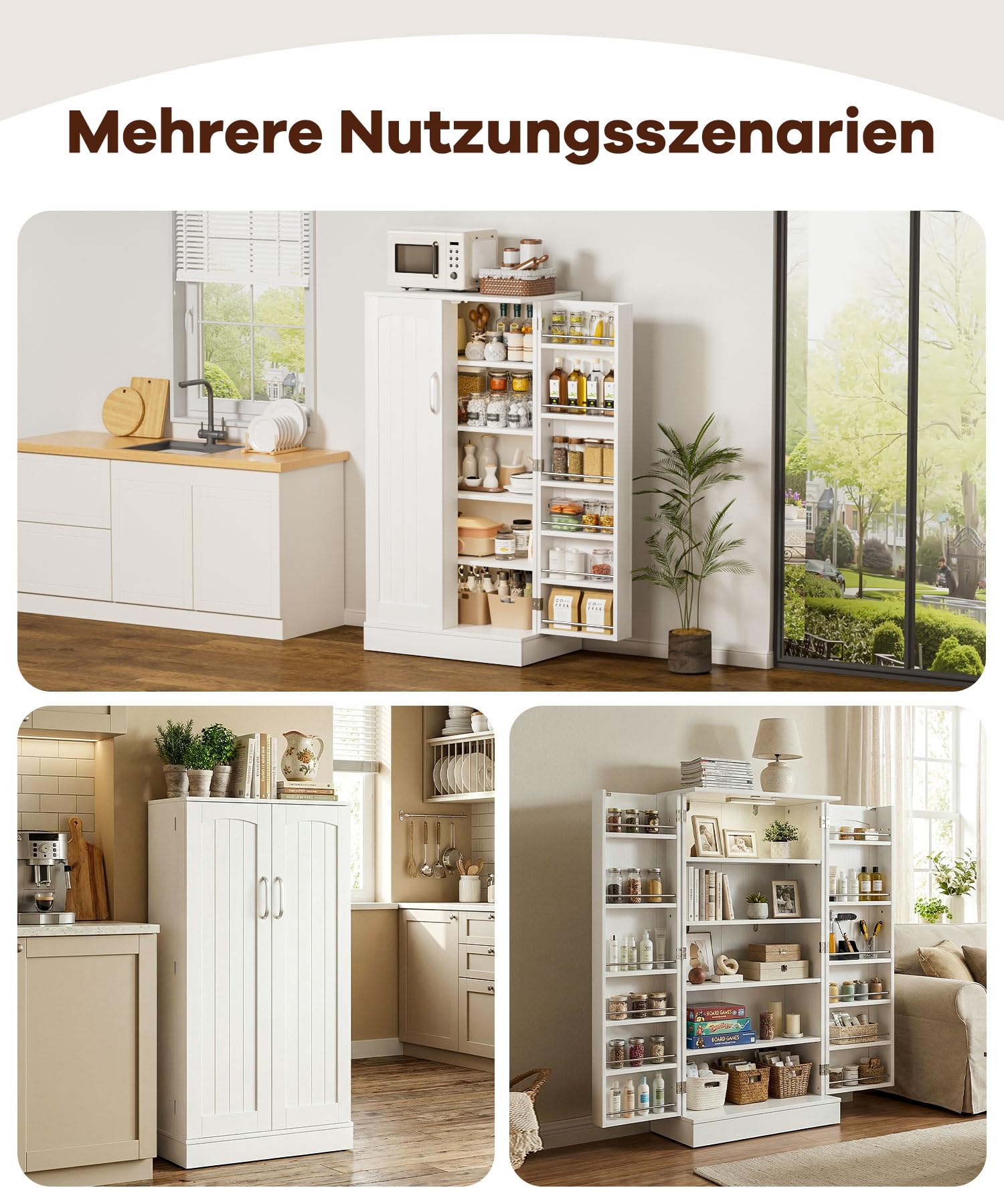 Yorbay 118 cm Küchenschrank mit LED-Sensorleuchte: Doppeltüriger Vorratsschrank mit 3 Verstellbaren Regalbrettern - Mehrzweckschrank mit Kippschutz für Küche Esszimmer Wohnzimmer (Weiß)