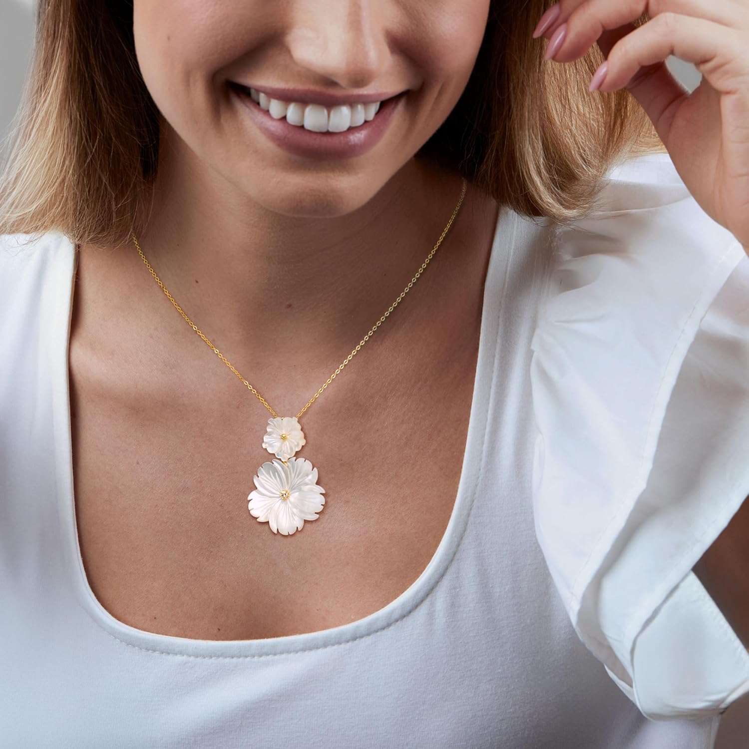 Ross-Simons Mother-Of-Pearl and .10 Carat White Topaz Flower Pendant Necklace in 18kt Gold Over Sterling. 16 inches