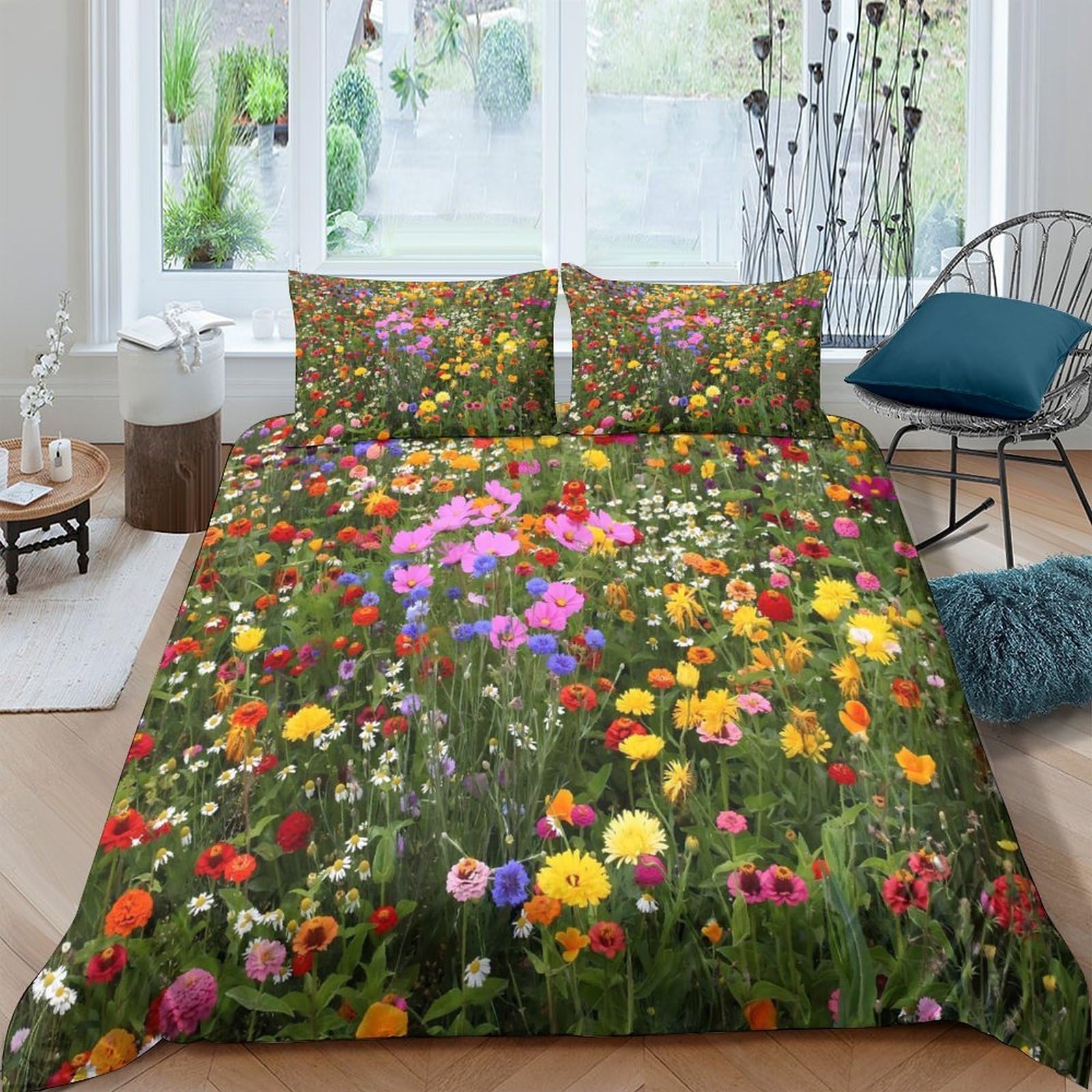 GPLZQXKJNH 3D Printed Wildflower Meadow Duvet Cover Microfiber Soft Breathable Colorful Floral Bedding Set with 2 Pillowcases for Bedroom Decor Single（135x200cm）