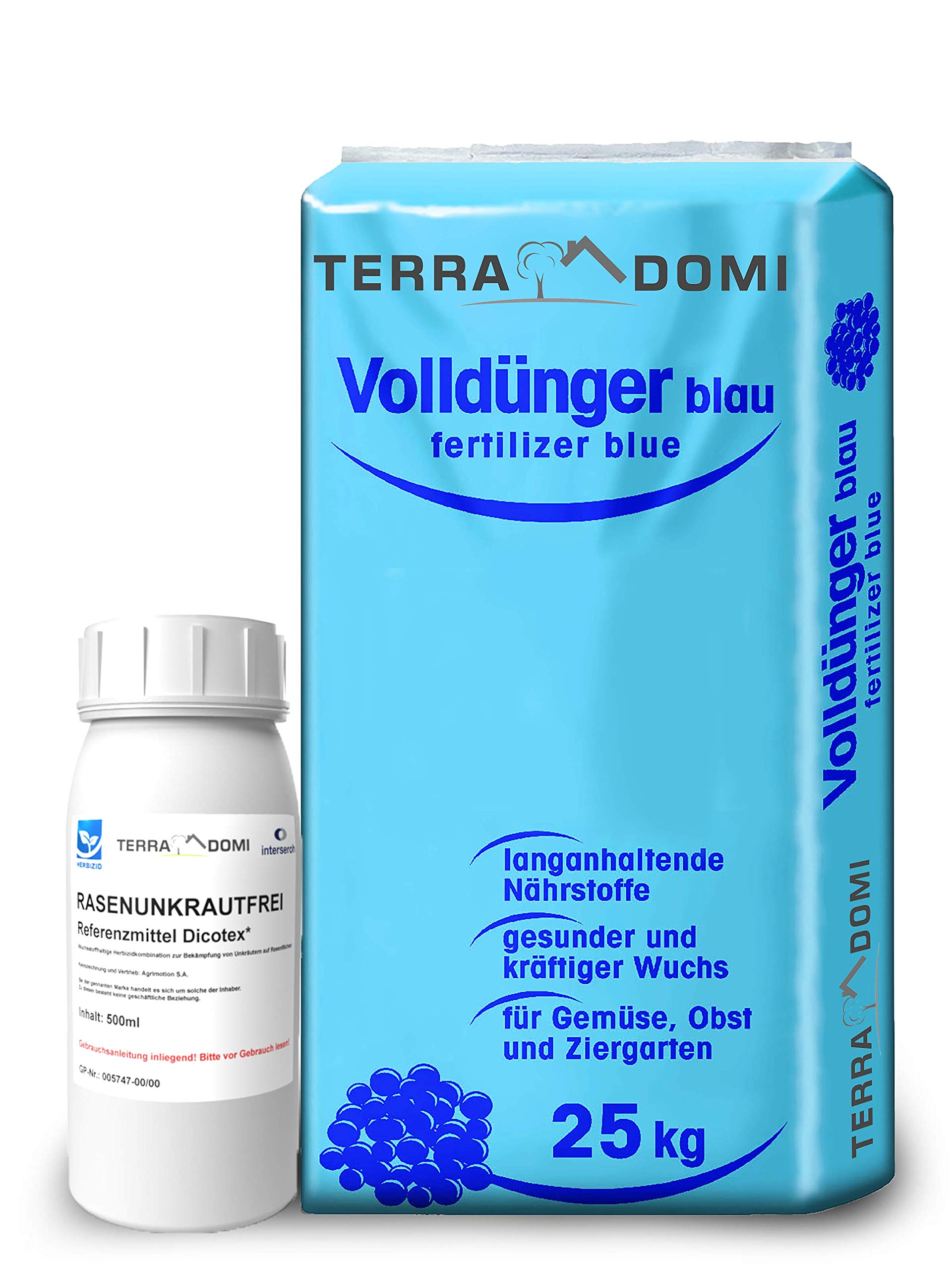 TerraDomi Rasendünger Blaukorn 25kg mit 500ml Rasenunkrautvernichter, Referenzmittel: Dicotexfür bis zu 600 m2 I unschlagbare Zweifachwirkung, gegen gängige Unkräuter