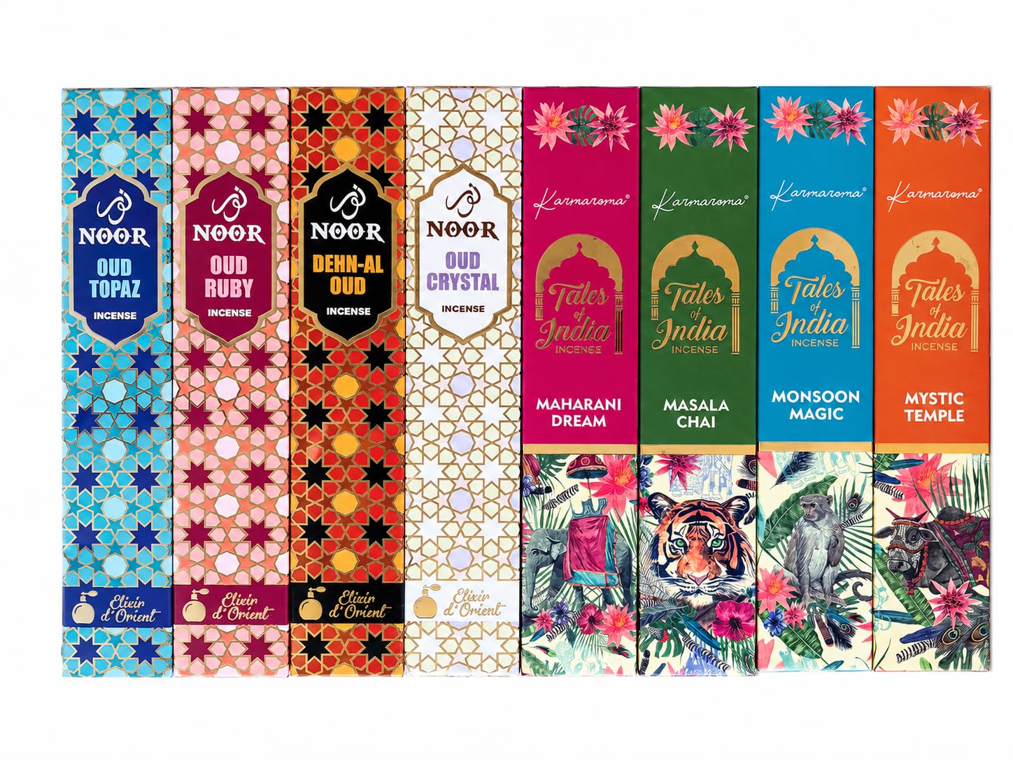 Buddha-Buddha Green Tales Of India & Noor Incense Sticks Gift Set – 8 Exotic Aromas From India & The Far East – 80 Premium Long Burning Incense Sticks For Meditation, Yoga, Relaxation & Spiritual Home Fragrance