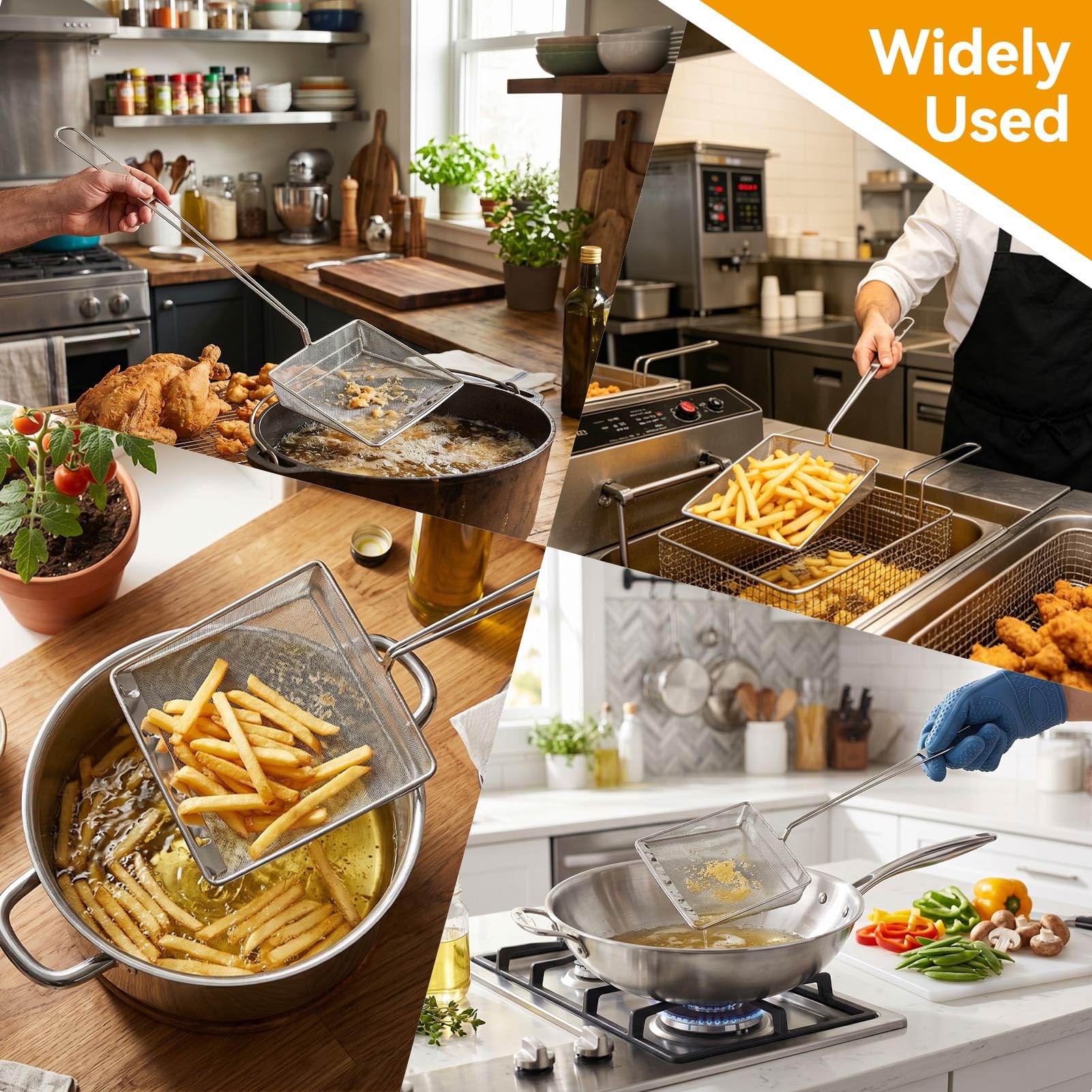 Écumoire à mailles carrées, écumoire à huile pour friteuse, cuillère à frire, passoire araignée en acier inoxydable avec long manche pour cuisine, piscine, aliments frits