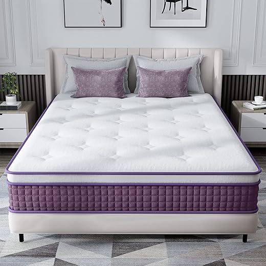 REGOSS 12 Inch Innerspring Hybrid Mattress, Motion Isolation Individually Pocketed Coils Mattress, Euro Top Full Size Mattress in a Box, Plush Foam Spring Mattress for Pressure Relief, Purple