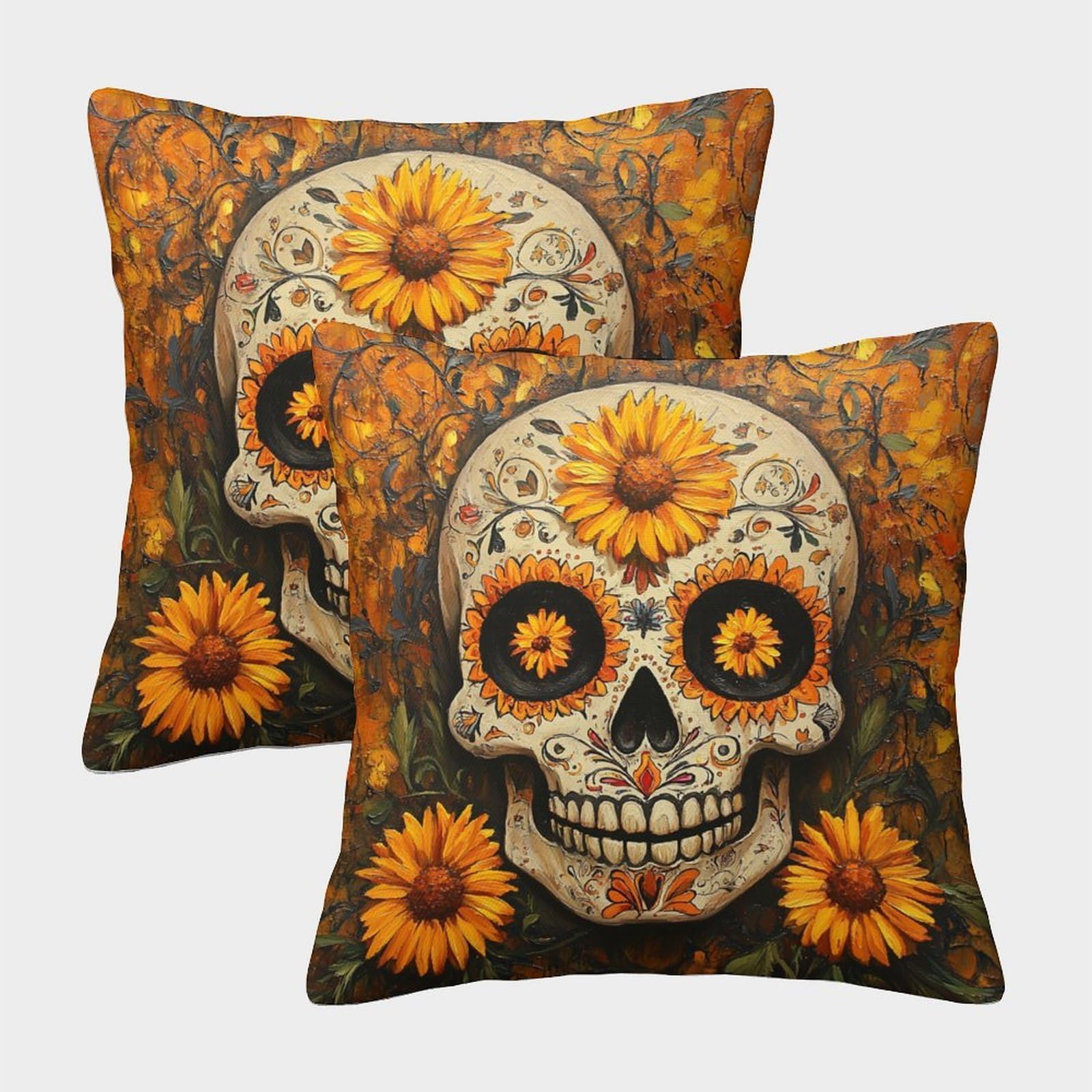 kaiyun 2 Pack Sugar Skull,Marigolds 3D Cushion Cover Pillow Cover Sofa Outdoor Decoration Square 50x50cm