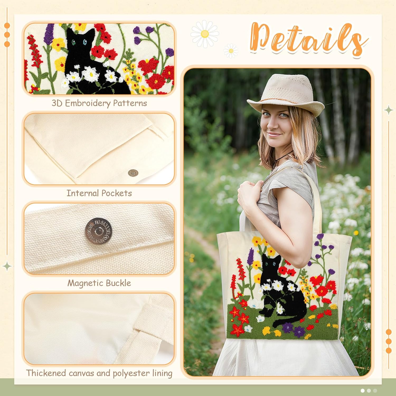 Abbylike Black Cat Tote Bag with Pocket Valentines Day Gifts for Women Vintage Embroidery Kitten Flower Tote Bag Canvas Reusable Shoulder Bags for Black Cat Lovers Shopping Grocery Book - Image 5