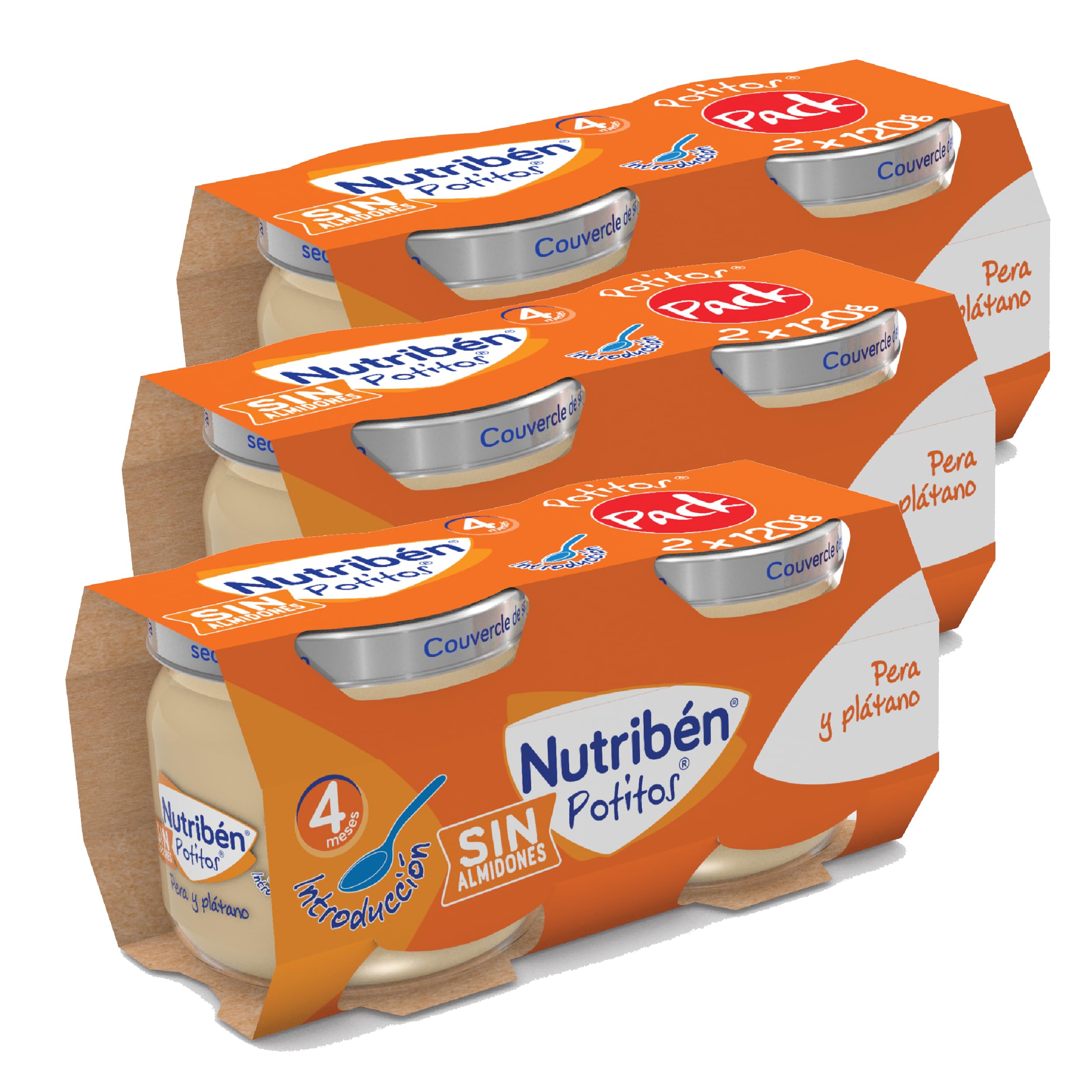 Nutribén Ecopotitos de Pera y Plátano, 100% Fruit, Organic, From 6 Months, Pack of 6 x 120 gr