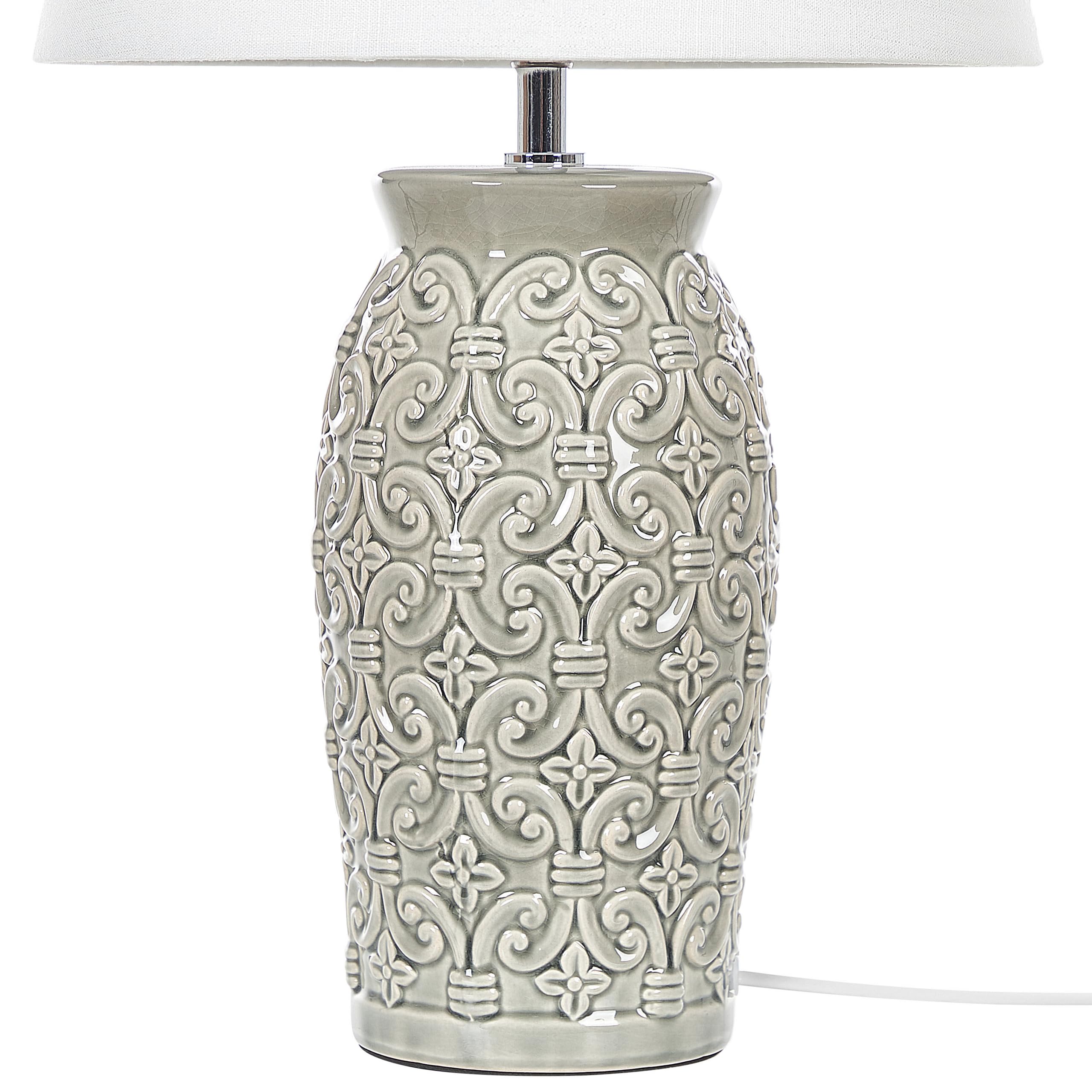Beliani Lámpara de mesa de cerámica gris pantalla blanco 48 cm patrón geométrico ornamental sala de estar dormitorio Khoper