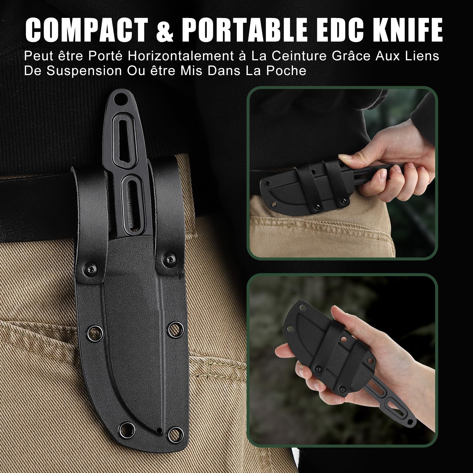 Omesio Pequeño Tanto Cuchillo de Hoja Fija con Vaina, 3.14» 5Cr13MoV Hoja de Acero Horizontal, Negro Full Tang EDC Cuchillo con Cordón para Camping al Aire Libre Senderismo para Hombres Mujeres