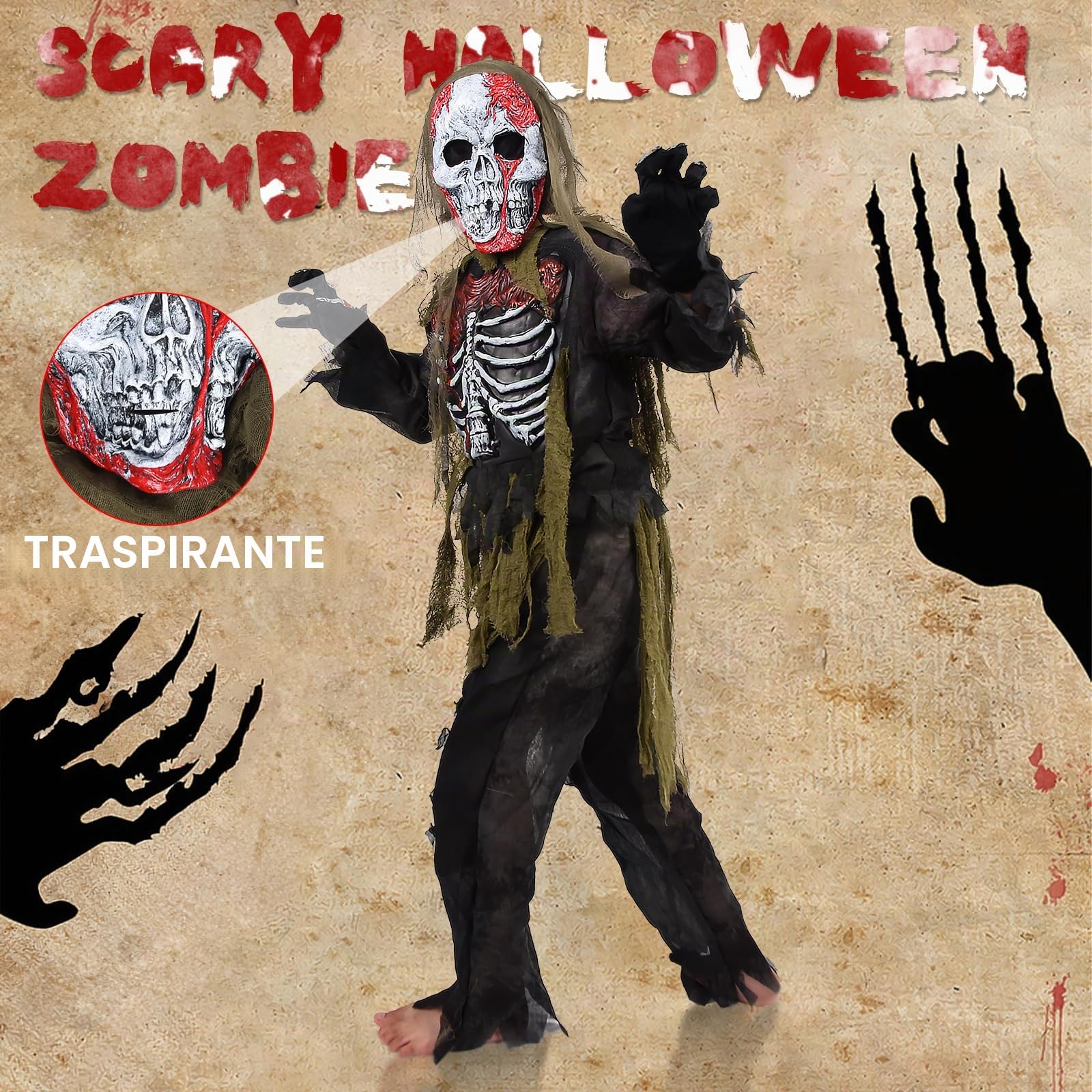 Ulikey Costume Zombie Bambino, Spaventoso Costume da Zombie Scheletro di Halloween per Bambini Costume scheletro bambino con Motosega, Guanti da Scheletro e Maschera da Zombie