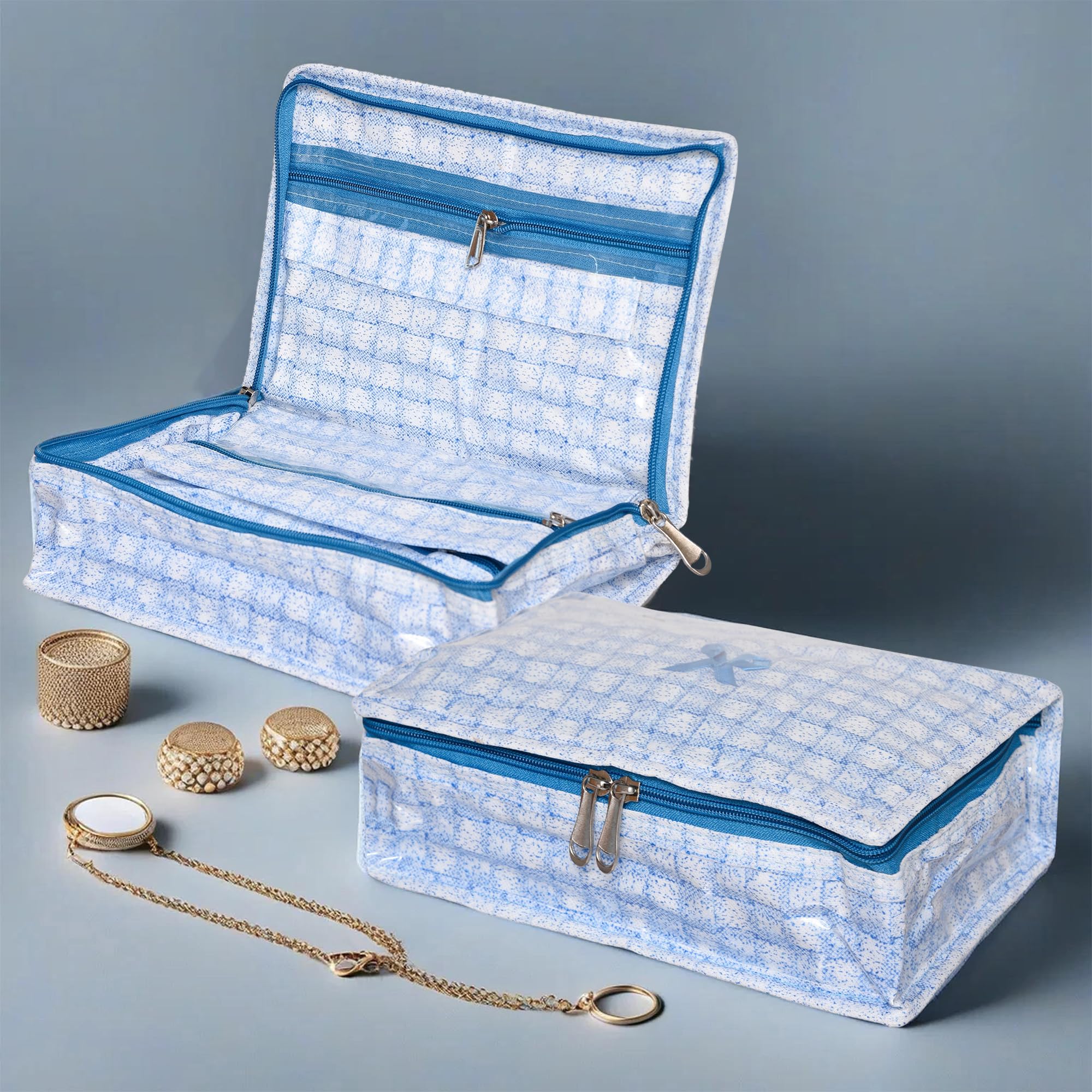 Kuber Industries Makeup Storage Bag | Vanity Box for woman | Watch Organizer | Cosmetic Storage Kit| 6 Pouch Jewellery Storage Bag | Check-Design | Pack of 2 | Blue