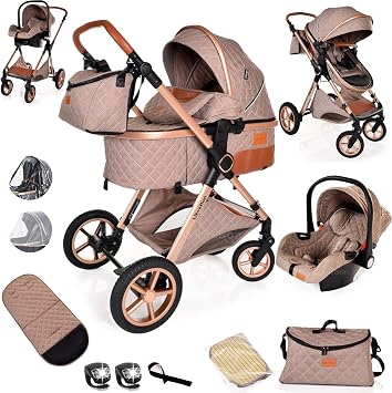 Baby Pram Pushchair Baby Buggy Stroller 3 in 1 Child Lightweight Folding Stroller 3 in 1 Travel System for Newborns & Toddlers 0-36 Months from Birth Beige