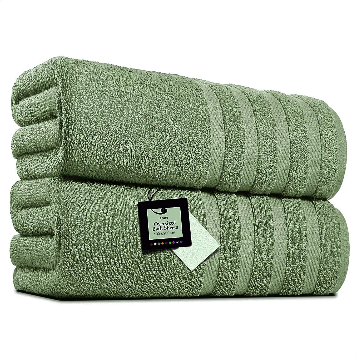 Lot De 2 Draps De Bain Extra Larges 100x200 Cm 600g/m² Coton Égyptien - Vert Sauge