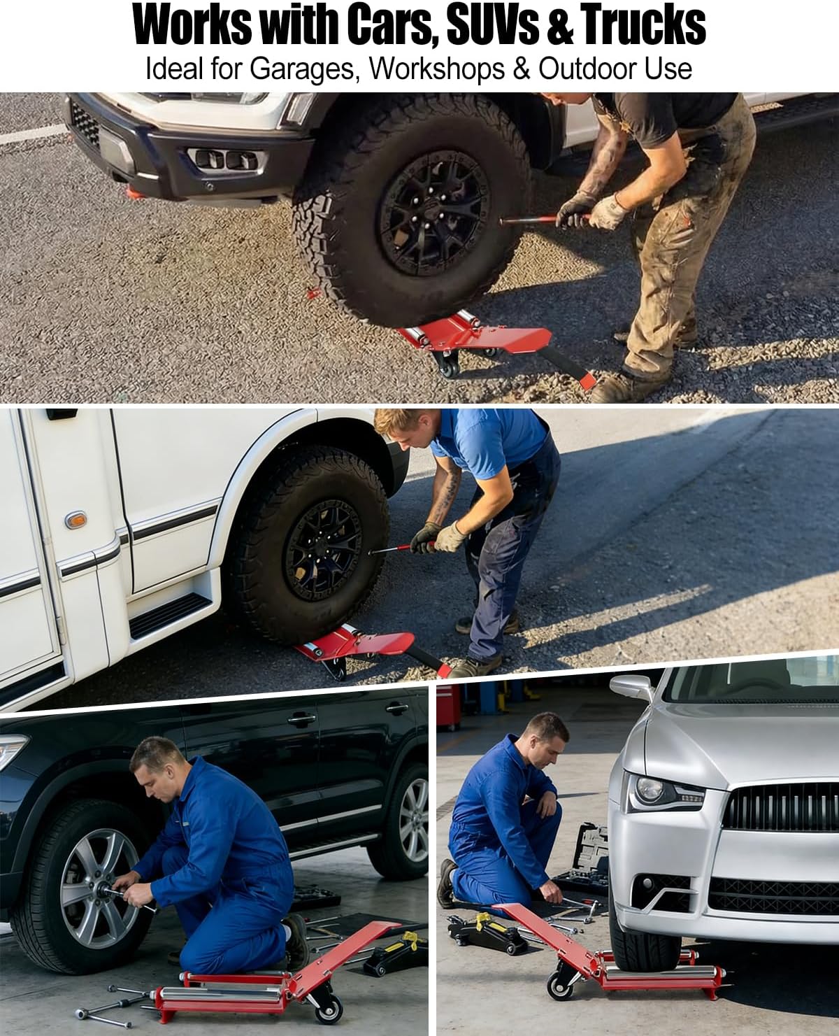 Portable Tire Jack Tool with Roller Plate, Heavy Duty Tire Lifter for Easy Wheel Alignment, One-Person Tire Installation Tool for Cars, SUVs & Trucks (Red)