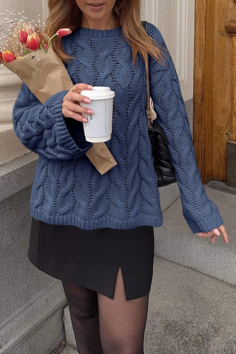 Cicy Bell Womens Oversized Cable Knit Sweaters Long Sleeve Crewneck Chunky Loose Fit Pullover Tops - Image 6