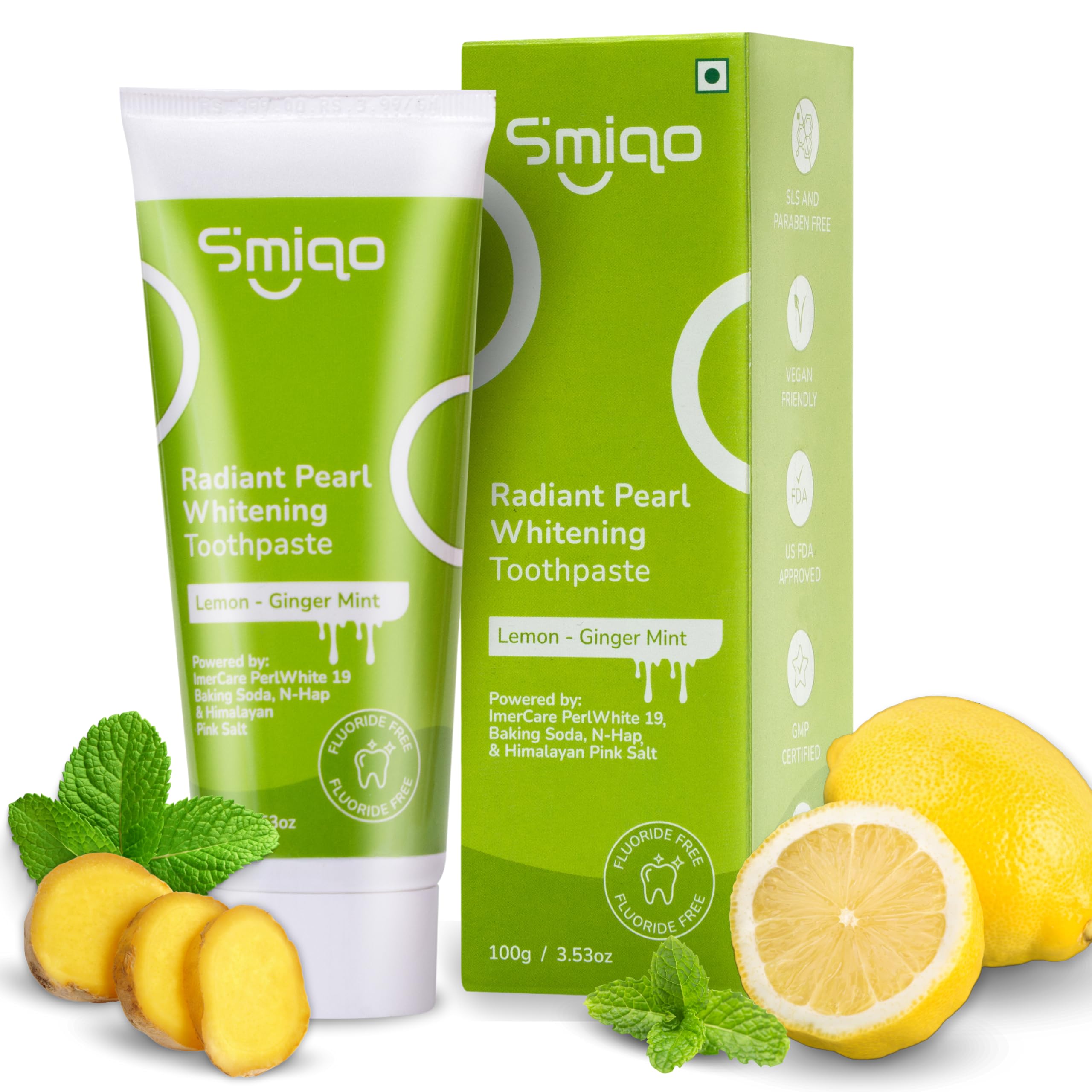 Smiqo Teeth Whitening Toothpaste - 100g | Rapid Stain Removal & Gum Care | Lemon Ginger Twist | Advanced Formula with ImerCare PerlWhite 19, Baking Soda, Bromelain, N-Hap | SLS, Paraben, Triclosan, TiO2 Free With No Artificial Flavours, Colours or Sw (B0DF49P556) Amazon Price History, Amazon Price Tracker