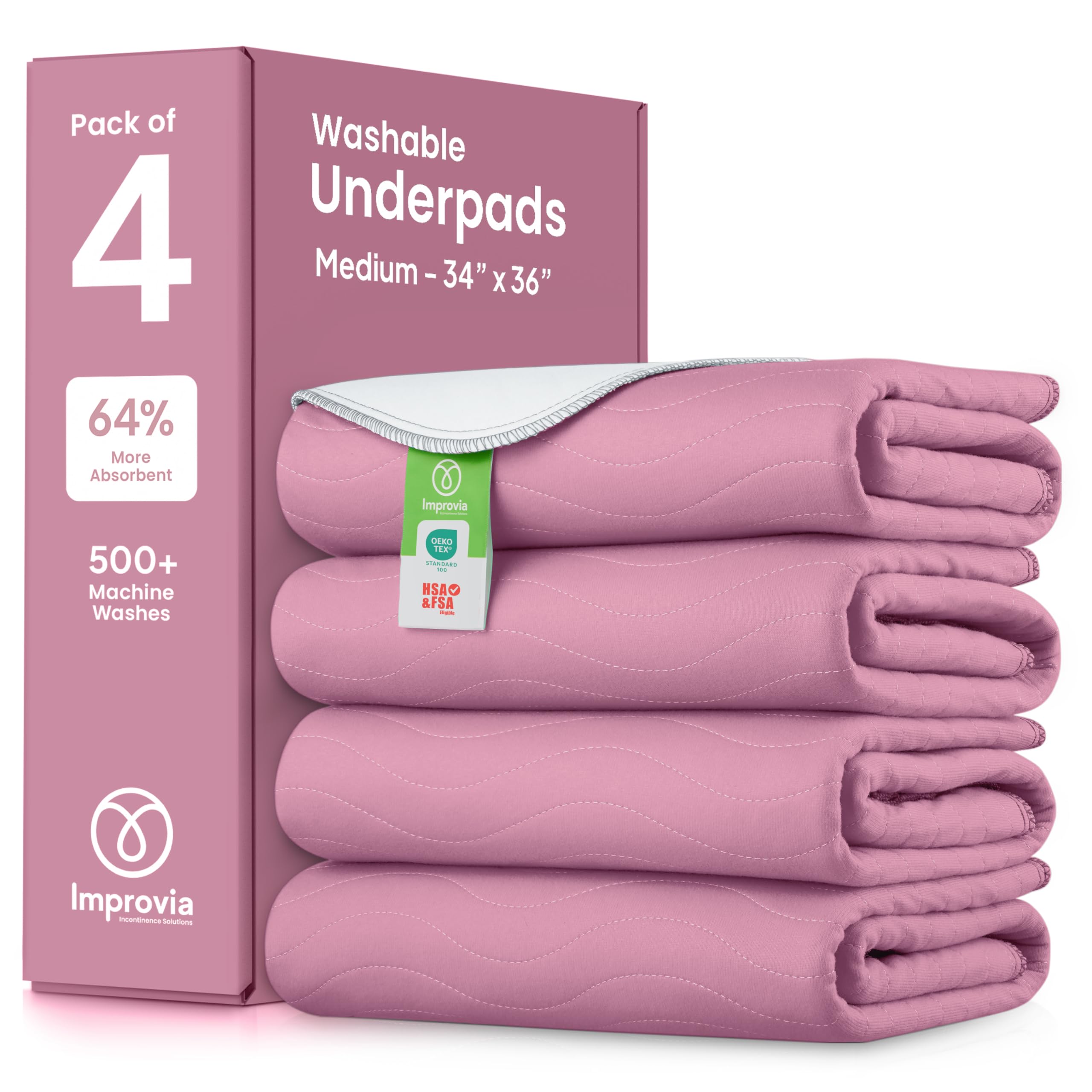 IMPROVIA® Washable Underpads, Heavy Absorbency Reusable Incontinence Pads for Kids, Adults, Elderly, and Pets, Waterproof Protection Floor (Pink & White, 4 Pack - 34"x36")