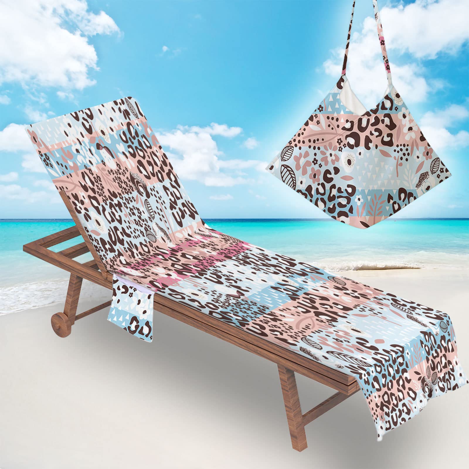 Surwin Sun Lounger Beach Towel with Pockets, 3D Leopard Print Summer Beach Chair Cover Chaise Lounge Towel Cover Mate Sunbed Towels For Holiday Garden Outdoor Pool (75x210cm,Flowers)