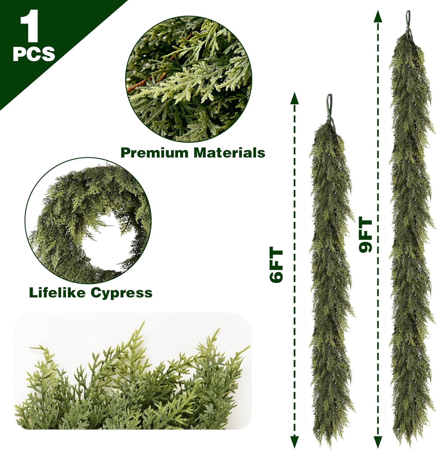 9FT Christmas Garland Cedar Garland Real Touch Faux Greenery Cypress Garlands for Mantle,Table,Wall,Christmas Decorations Indoor Outdoor