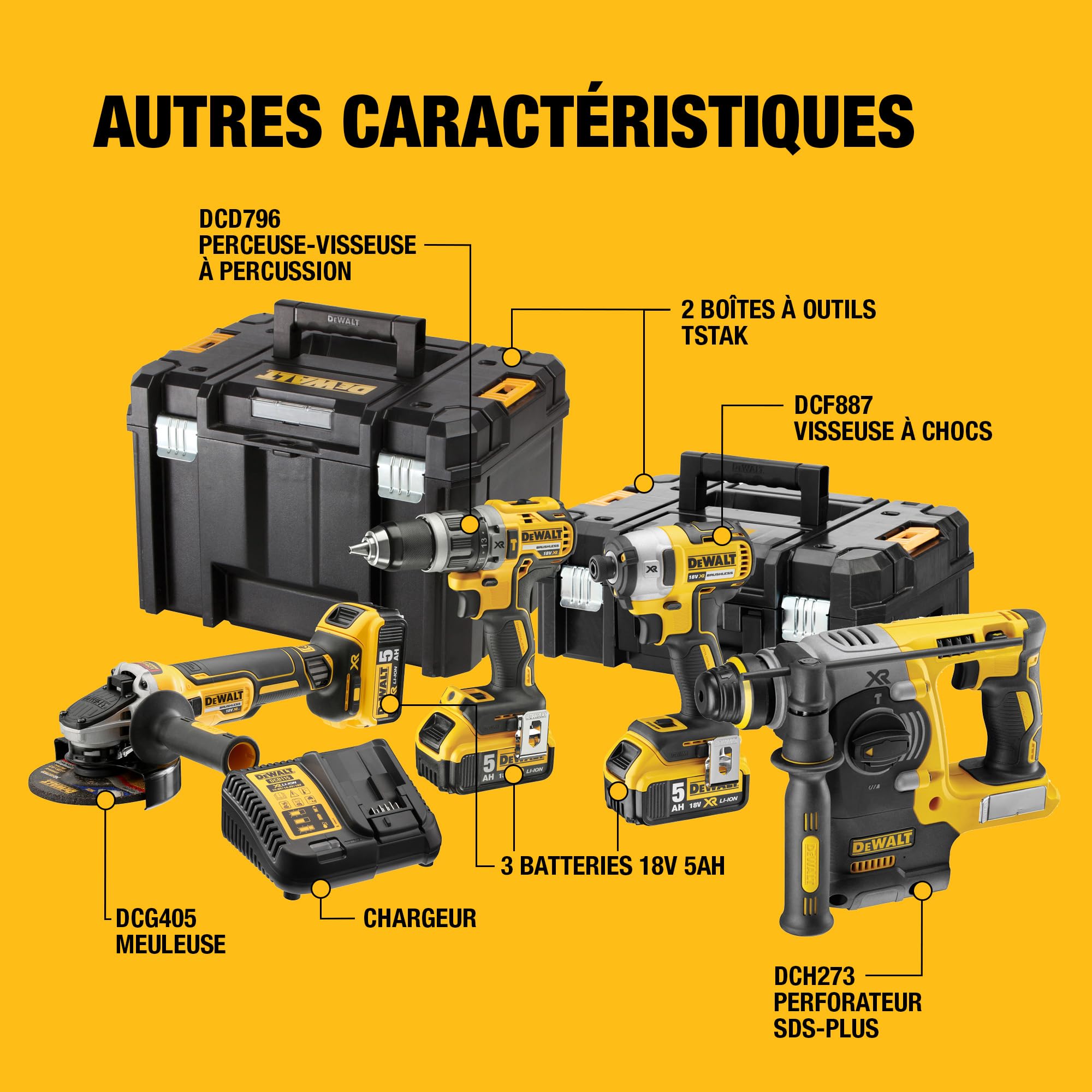 DEWALT Kit 4 Outils XR 18V Brushless Perceuse Visseuse à percussion Visseuse à chocs Meuleuse Perforateur 3 Batteries 5Ah Chargeur Coffrets TSTAK DCK422P3T-QW