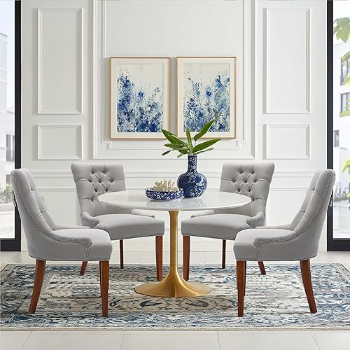 UDAX Sillas de comedor tapizadas con brazos juego de 4 sillas de comedor con patas de madera maciza y respaldo copetudo lino gris