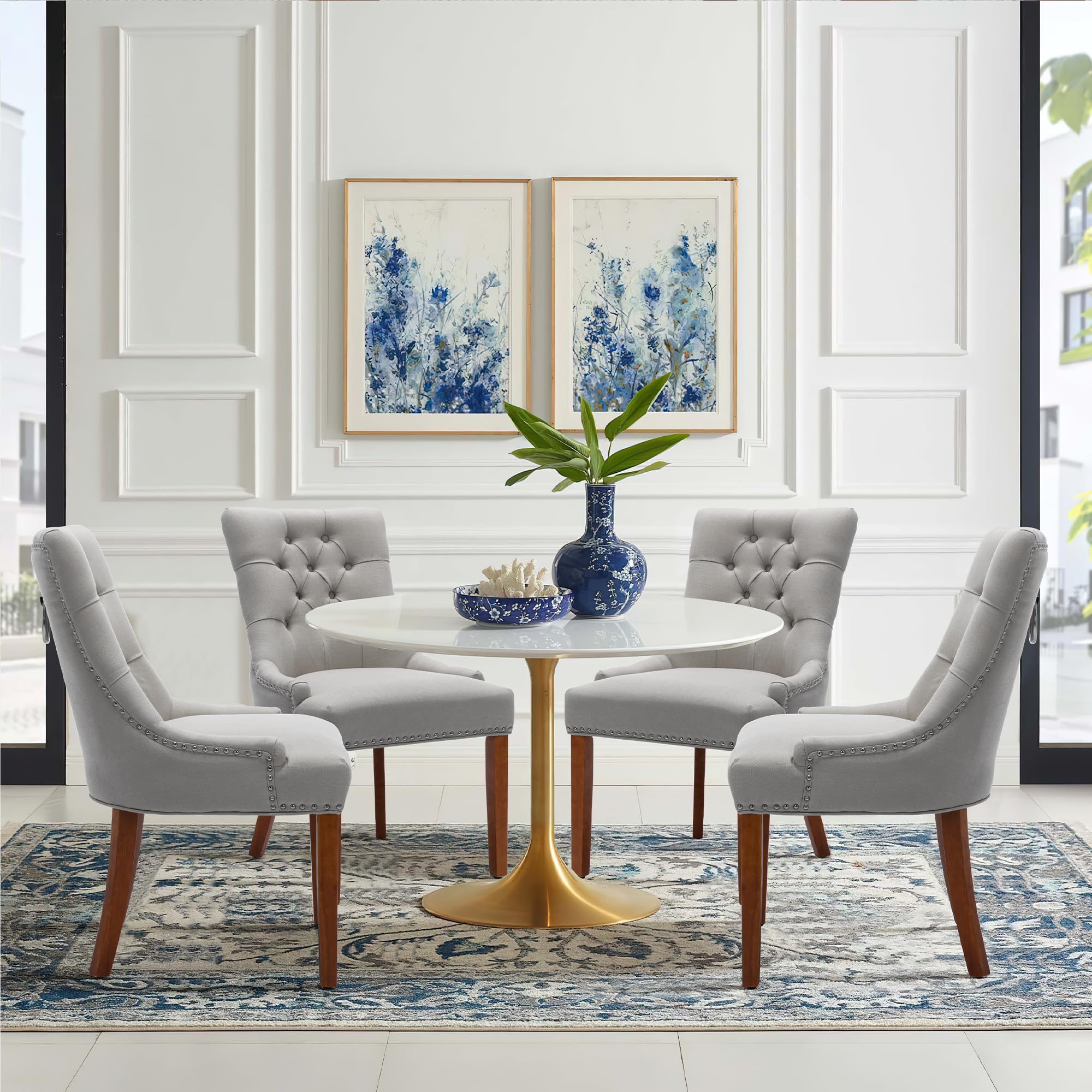 UDAX Upholstered Dining Chairs with Arms, Set of 4, Dining Room Chairs with Solid Wood Legs and Tufted Backrest(Linen+Grey)