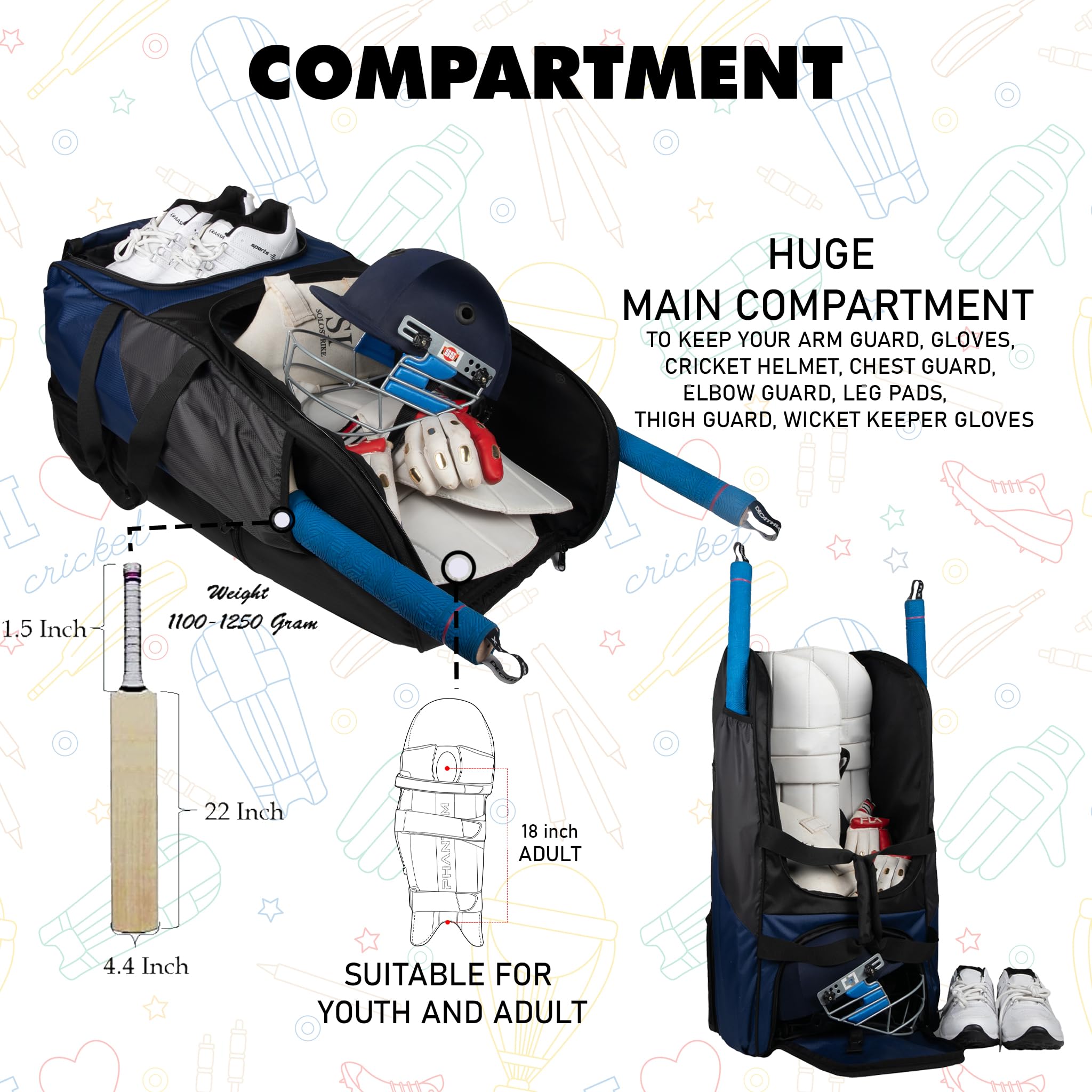 WHACKK Gayle Adult Cricket Kit Bag Black Navy | Full Size Bag with Bat Sleeve, Shoe & Helmet Pocket | Spacious Cricket Bag for Men & Club Players 3