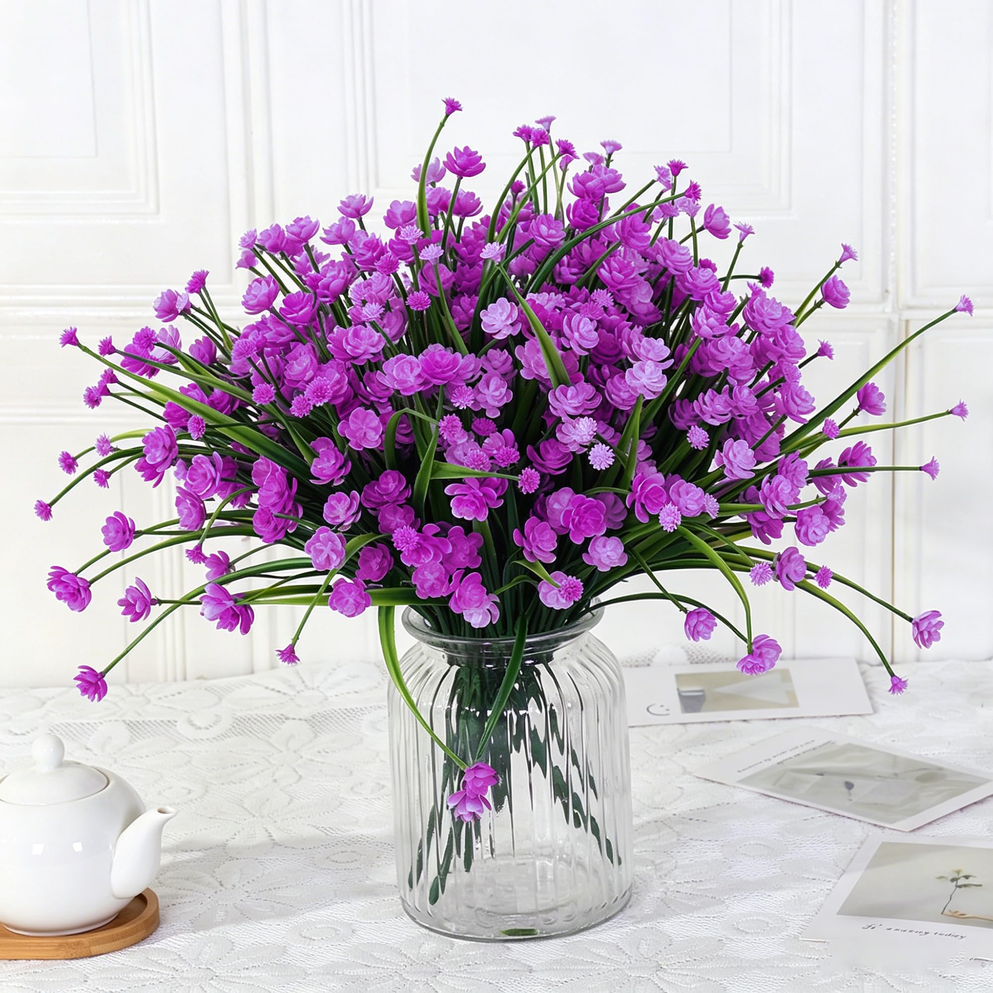 Flores artificiales en pack de 8 macetas y 70 tallos para decoración exterior