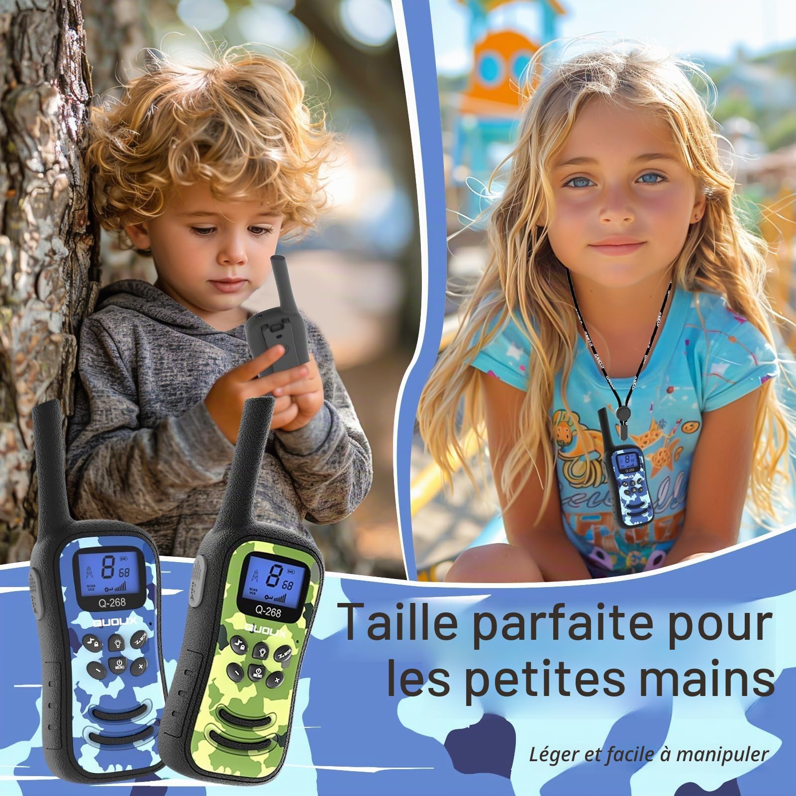 QUOLIX Talkie Walkie pour Enfants, Rechargeables Talkies-Walkies 2 Voies Longue Portée 8 Canaux avec Fonction Vox, Cadeau pour Filles Garçons de 3 à 12 Ans (Camouflage_Bleu+Vert)