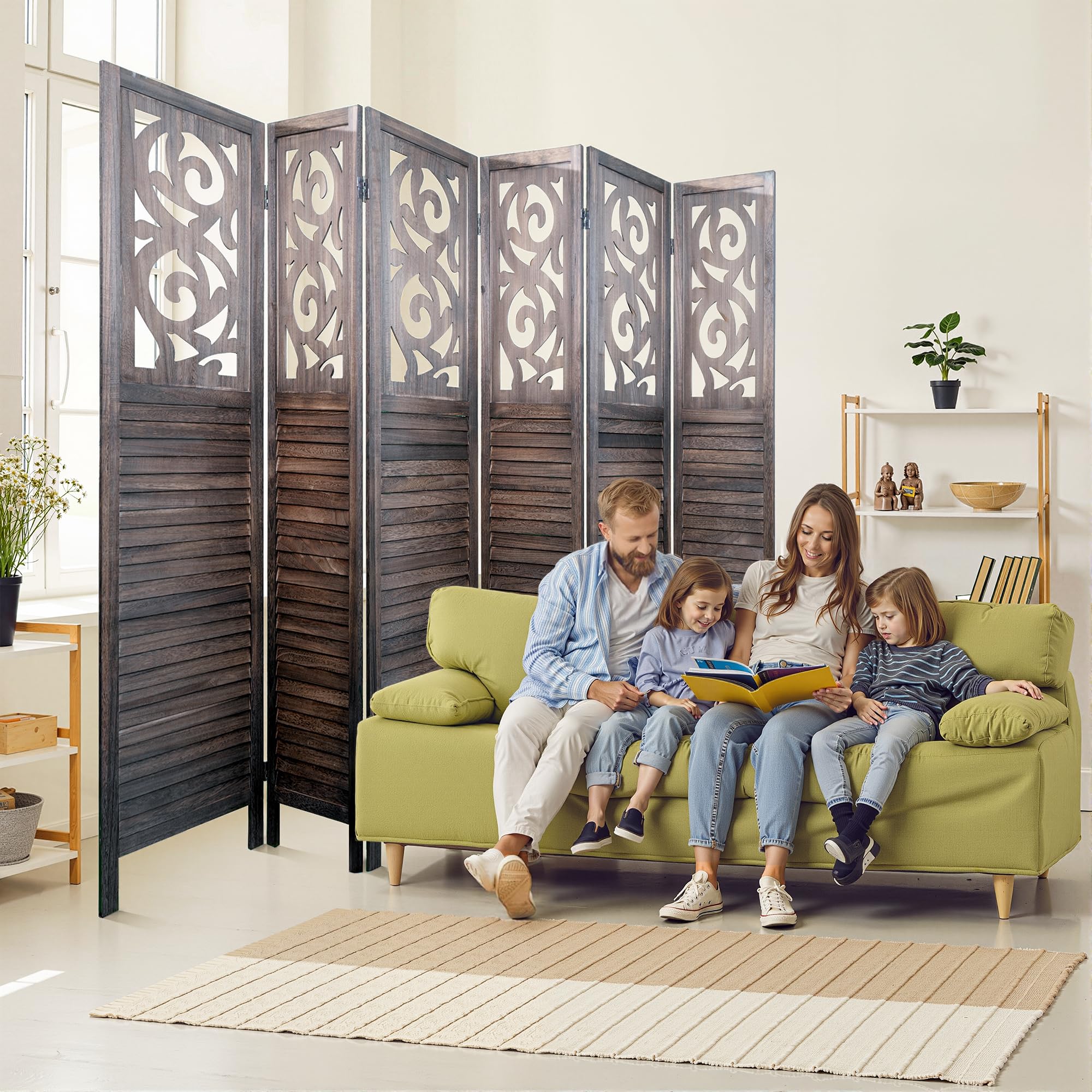 Osparple Room Divider, 5.6FT Folding Room Divider Panel and Privacy Screen, 6 Panel Carved Partition Wall Divider for Room Separation, Rustic Brown