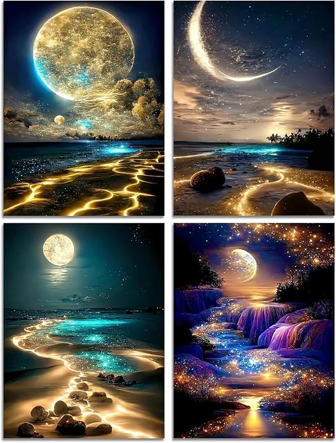 Muzagroo Art Moon Diamond Painting Kits for Adults, 5D Diamond Art Kits for Beginners, DIY Arts and Crafts for Living Room, Kids Room 4 PCS Wall Art