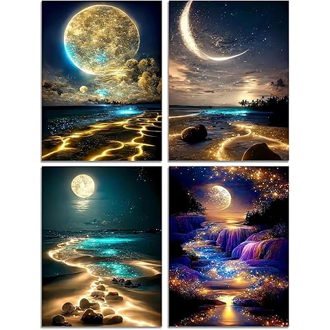 Muzagroo Art Moon Diamond Painting Kits for Adults, 5D Diamond Art Kits for Beginners, DIY Diamond Arts and Crafts for Living Room, Diamond dots Kits Kids Room 4 PCS Wall Art