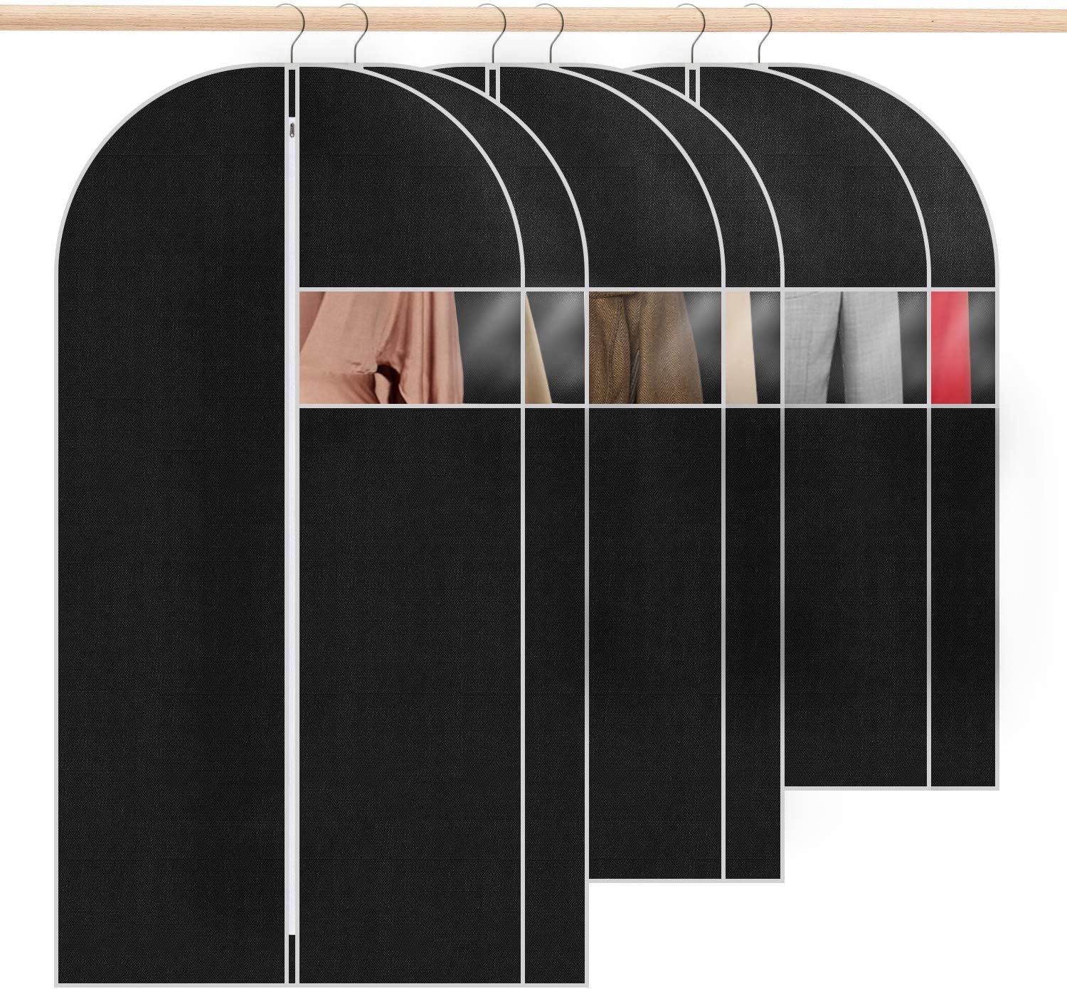 GDORUN 6Pcs Garment Cover Bags, Black Clothes Storage Bags, Moth Proof Garment Bags for Long Gowns Suits, Women Dresses, Men Coats (90cm *2 + 110cm*2 + 130cm*2)