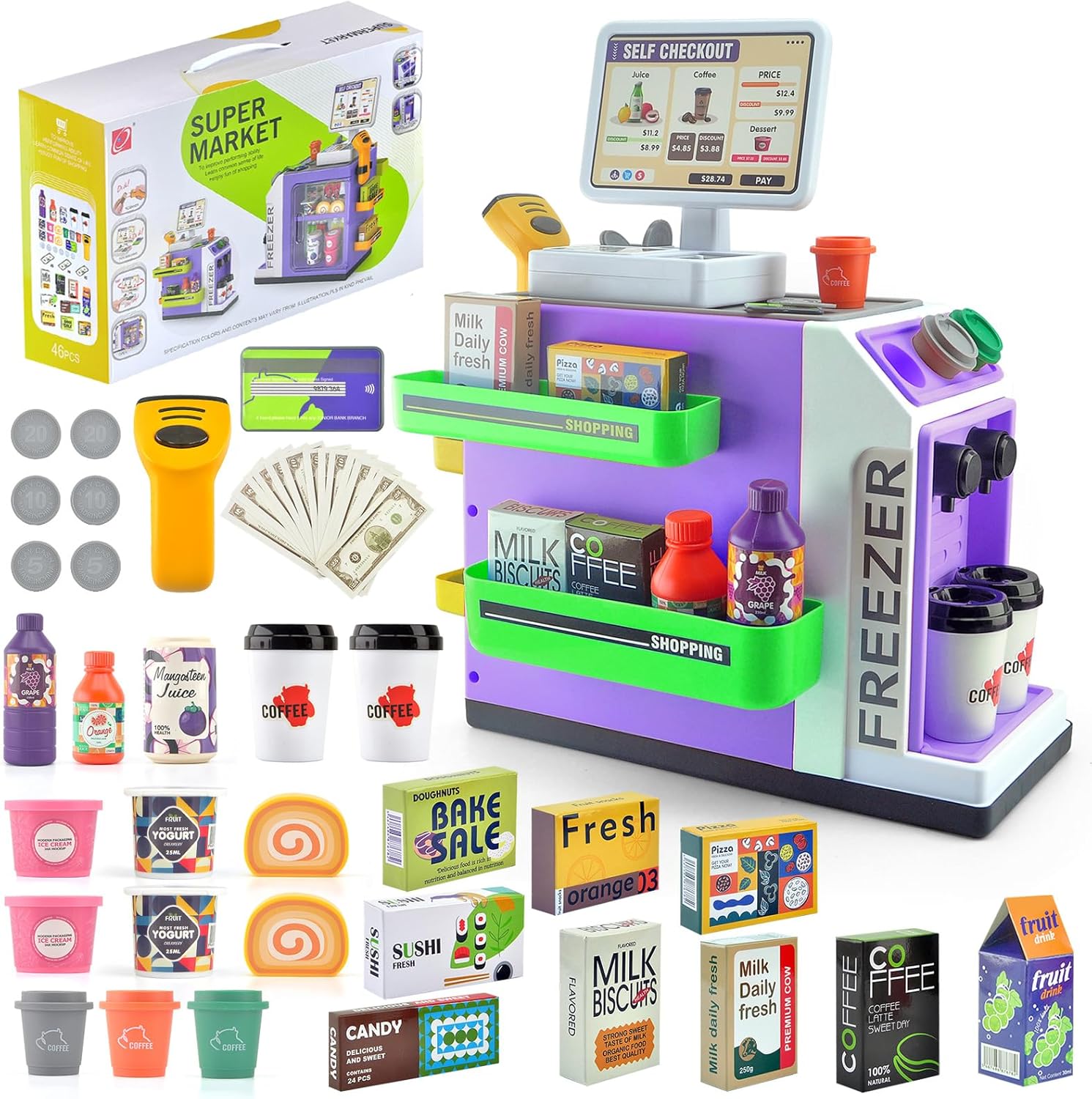 Pretend Play Cash Register Toy Set with Scanner, Play Money, Calculator, Coffee Machine and Play Food for Kids Ages 3+ (Purple)