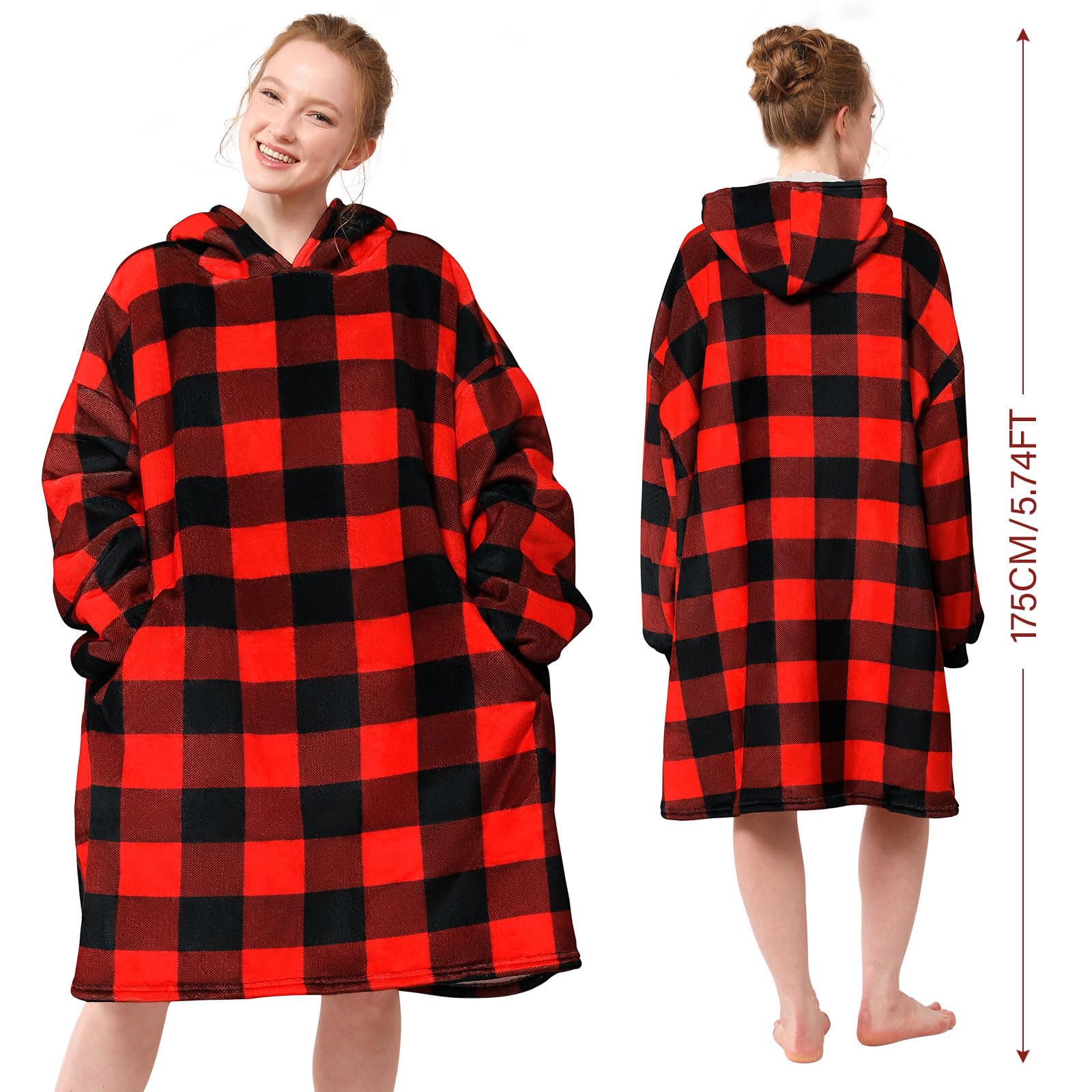 LetsFunny Sudadera con capucha de gran tamaño, súper suave, cálida, cómoda, con bolsillo gigante, para adultos, hombres, mujeres, adolescentes, niños, talla única (cuadros rojos, adultos)