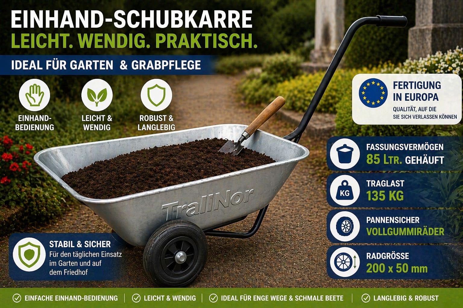 Schubkarre Einhandwagen Gartenkarre Friedhofskarre – Handwagen für Blumenbeetarbeiten – leicht & wendig – ideal für Garten, Grabpflege & Transport – Made in EU