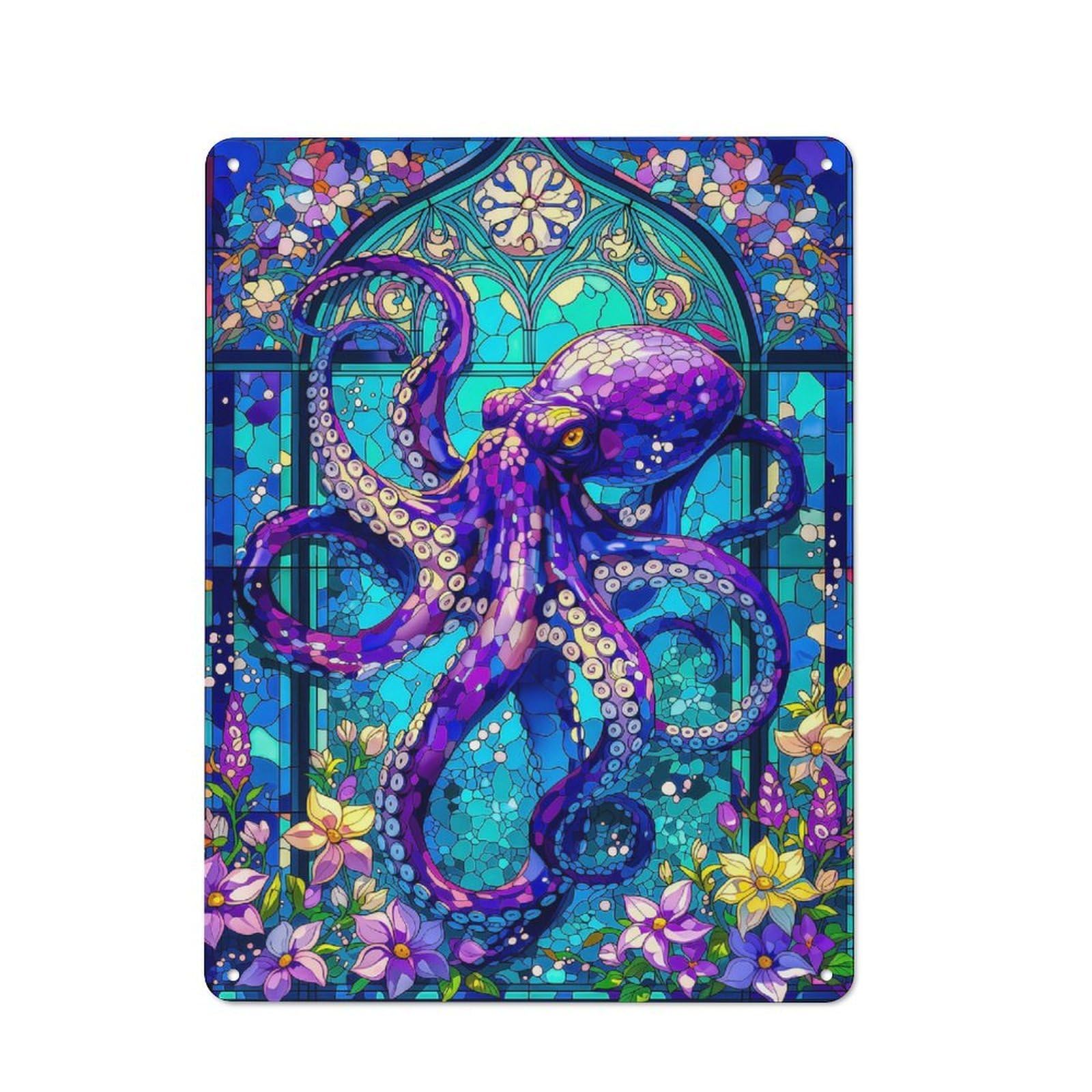 Junmoney Style-7 For Hallway Wall, Octopus Stained Glass Art Vintage-Inspired Metal Sign 40X30cm, A Moving-Home Gift For Collectors Of Tin Signs