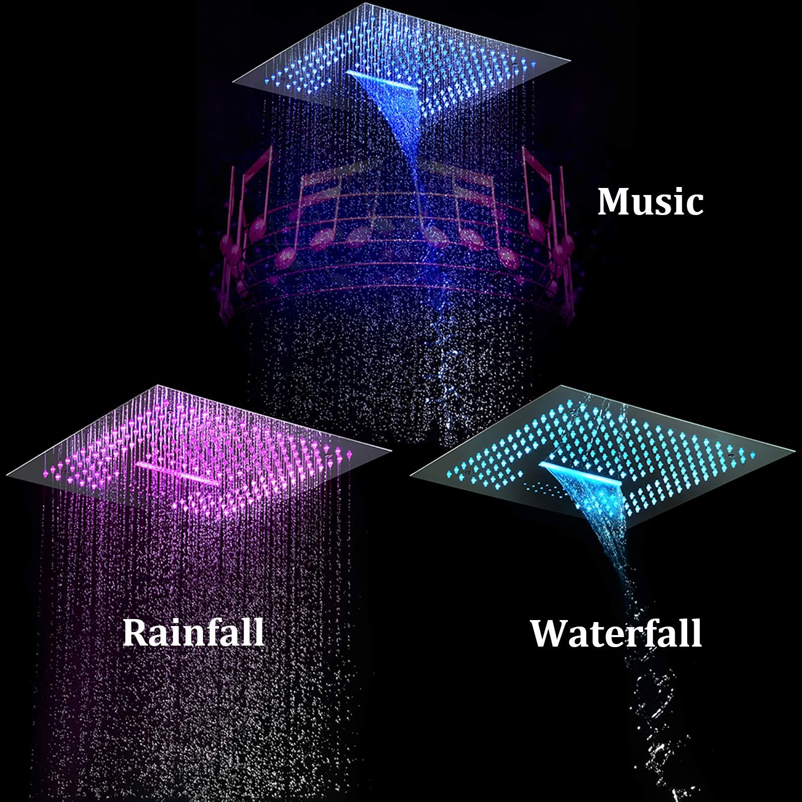 Sistema doccia musicale a 64 colori LED, set di rubinetto per doccia nero con soffione da 40,6 cm, doccetta a mano, rubinetto per vasca da bagno, valvola doccia intelligente, telecomando (controllo