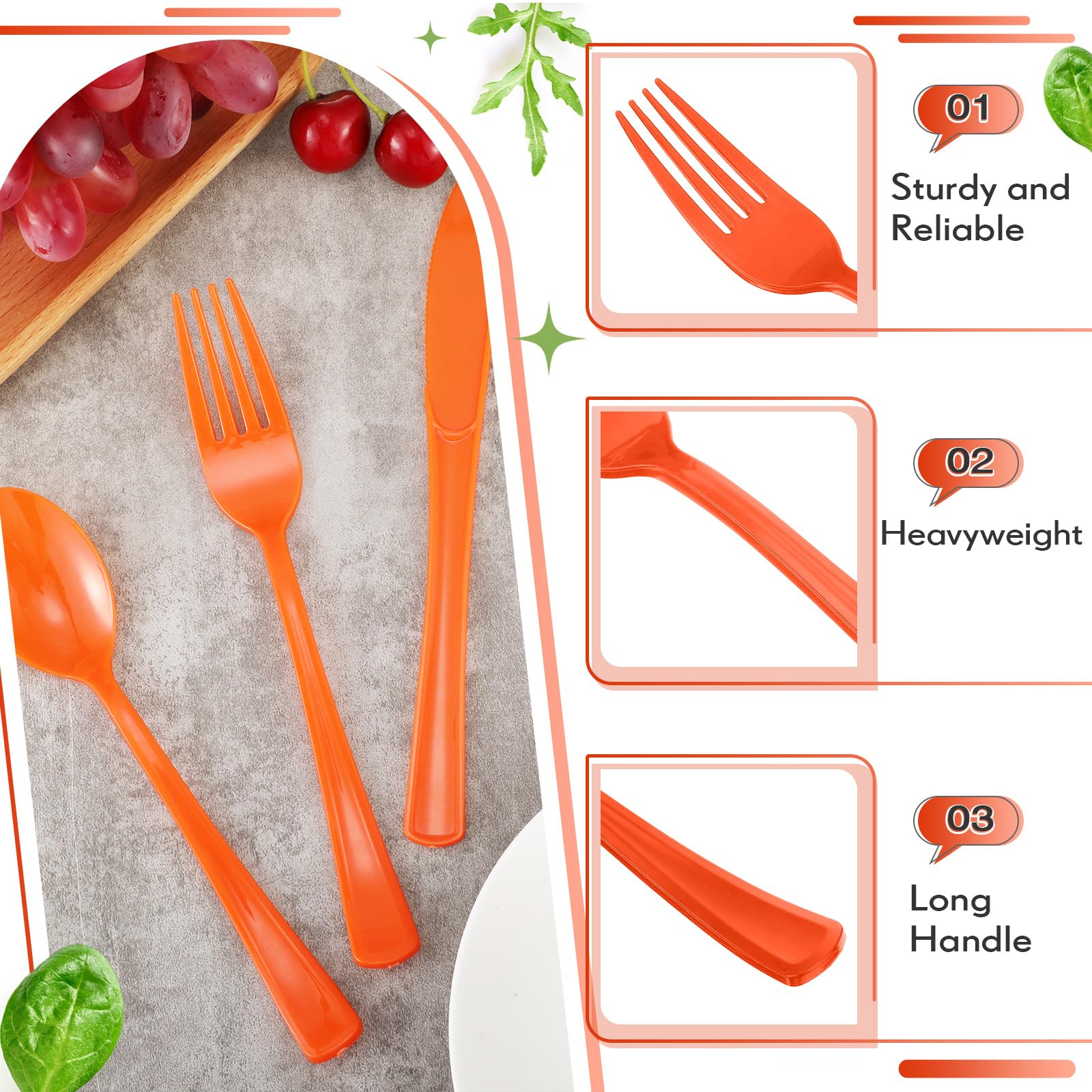 300 Pcs Plastic Silverware Heavy Duty Plastic Cutlery Set Plastic Utensils Set Includes 100 Disposable Spoons 100 Plastic Forks 100 Plastic Knives for Parties Catering Family Gathering (Orange)