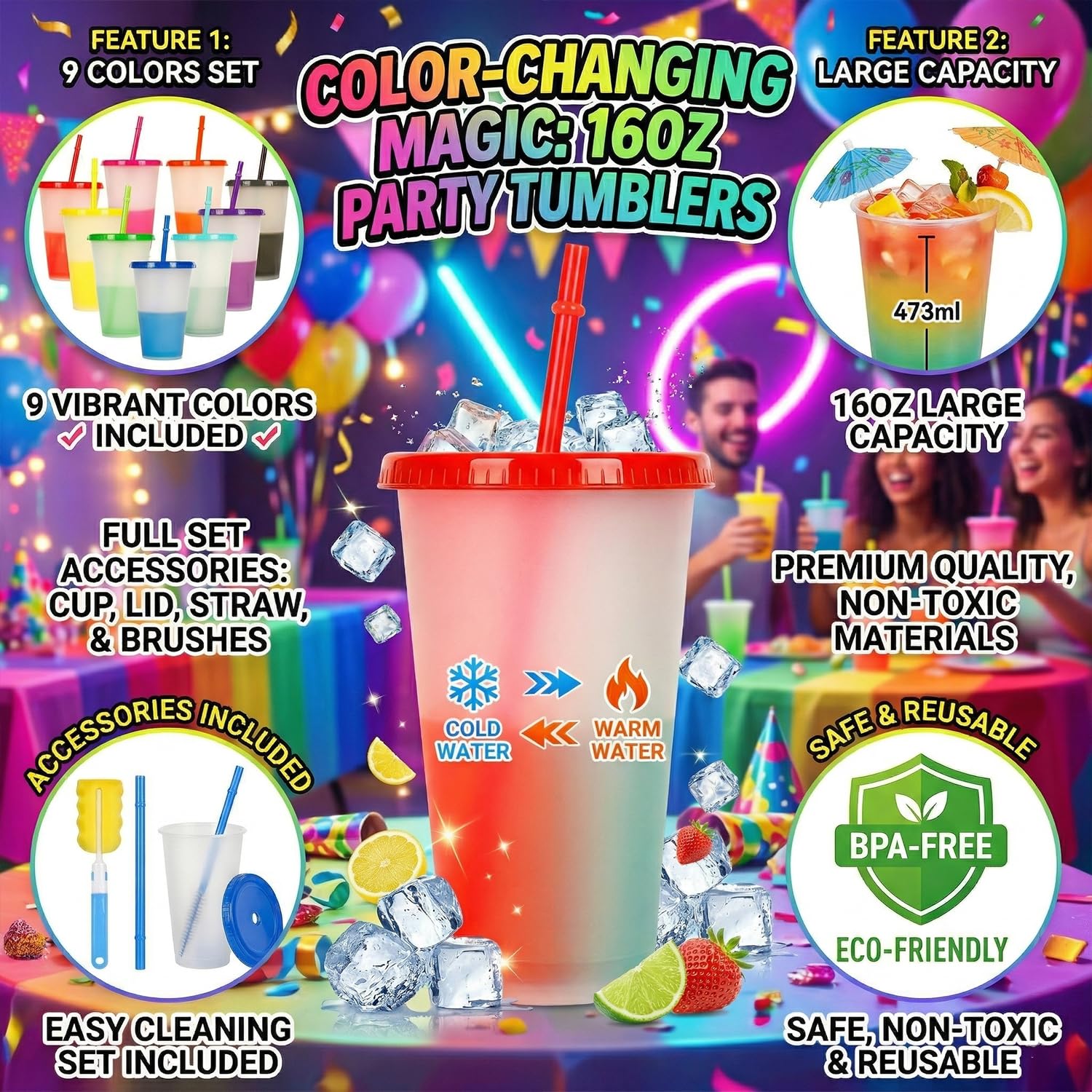 ALINK 9er Set Farbwechsel Becher Kinder 470ml, Wiederverwendbare Plastikbecher mit Deckel & Strohhalm, Magische Party Trinkbecher inkl. Bürsten