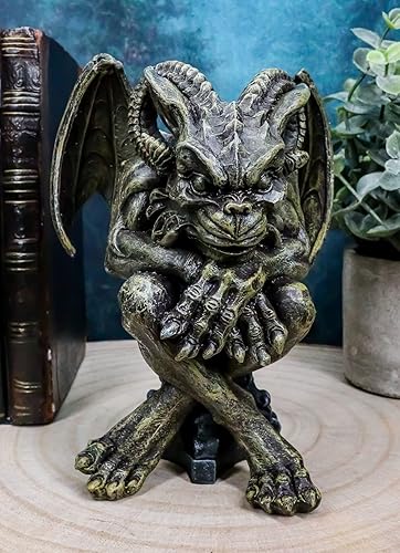 Miniatura 2 de Ebros Gift Gárgola con cuernos de carnero alado sentado en la catedral, estatua de pedestal de 6 pulgadas de alto, Osario de fantasía oscura,