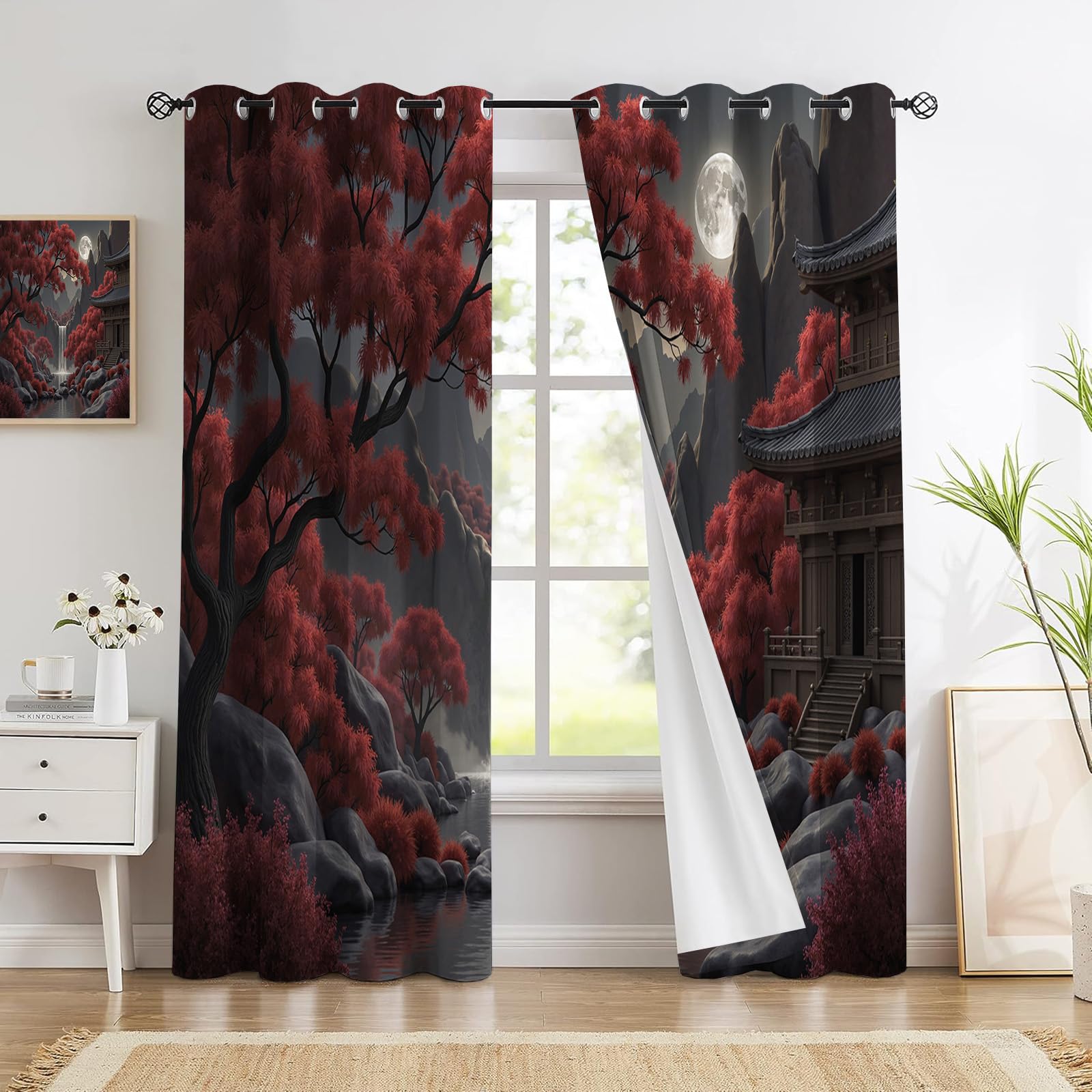 Rideau occultant salon chambre paysage japonais arbres cascade rouge gris