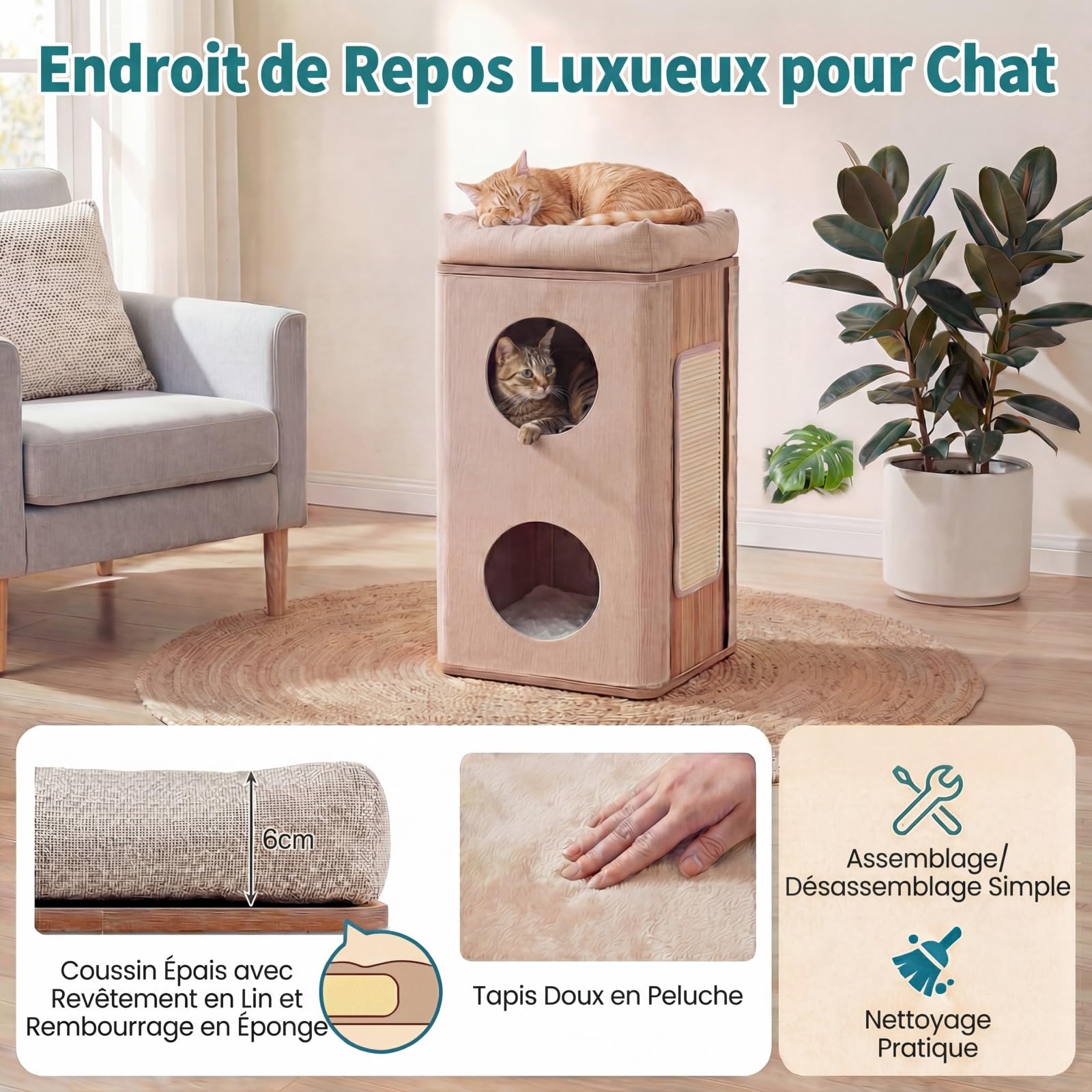 GOPLUS Tonneau à Gratter pour Chat 3 Niveaux 71CM, Surface Peluche (Beige)
