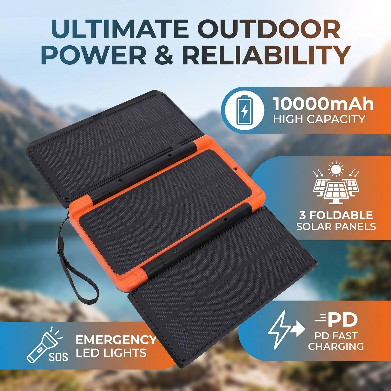 Caricabatterie Solare USB C da Esterno 10000mAh Power Bank con