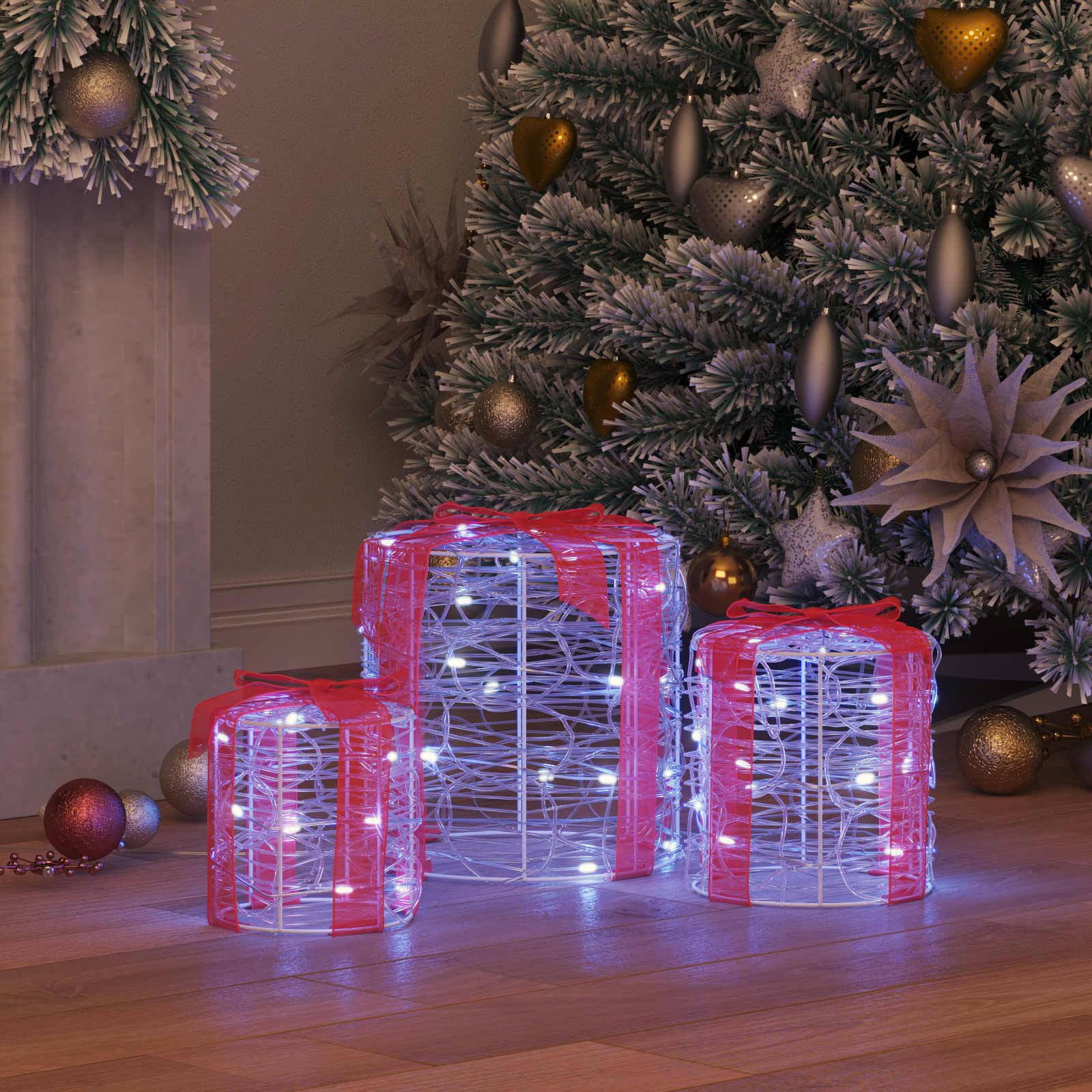 Caja de regalo decorativa Juego de 3 unidades de acrílico blanco frío con luces LED para Navidad festiva, elegante, duradero, versátil, ideal para salas de estar, oficinas, decoraciones