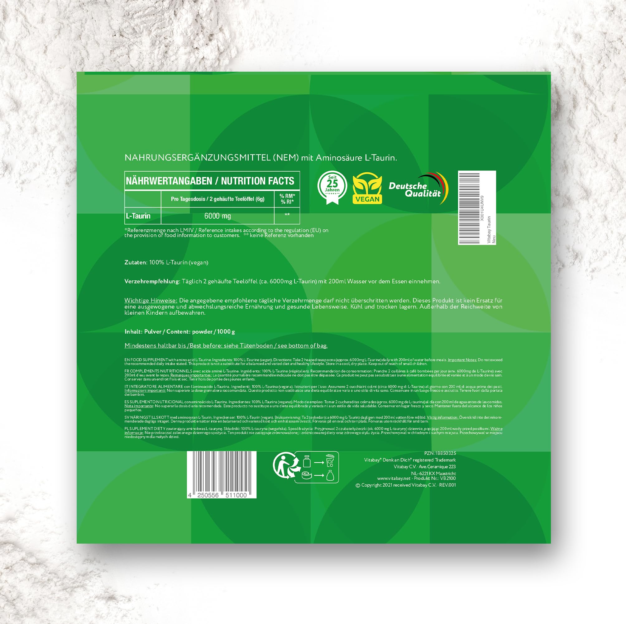 Vitabay Taurin Pulver 2x 1Kg - Reines Veganes Pulver - Ideal an Stelle