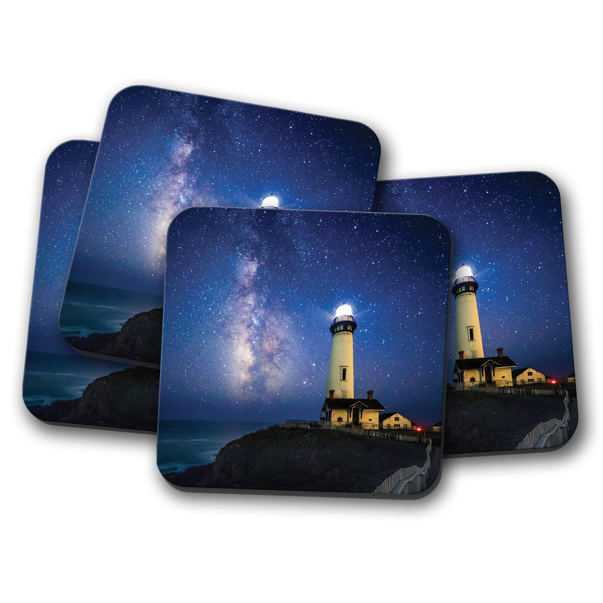 4 Set - Night Sky Lighthouse Coaster - Milky Way Stars Space Seaside #8591